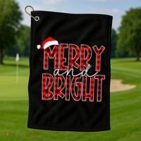 Merry and Bright Buffalo Plaid Red Santa Hat Christmas Xmas  Golf Towel thumb 1