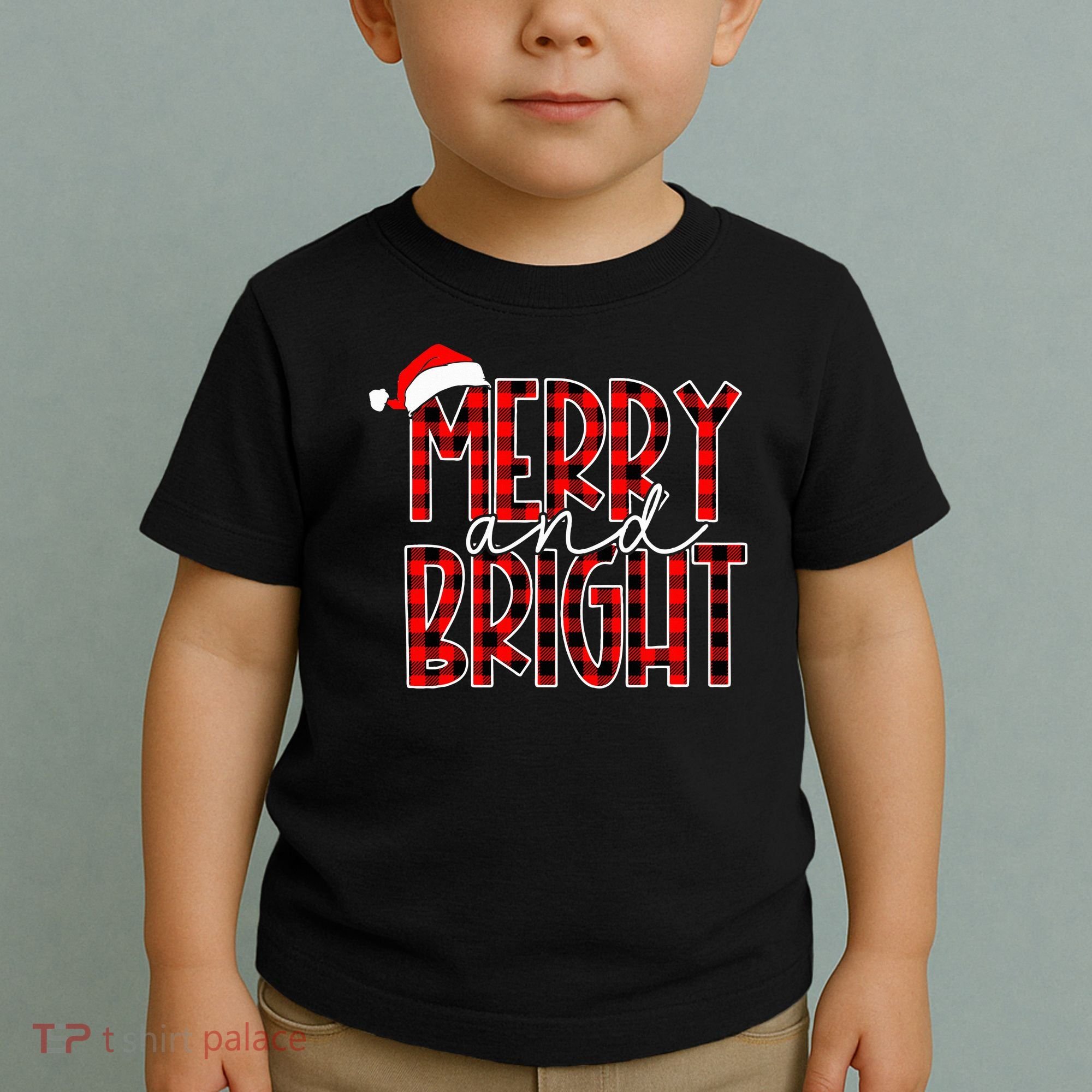 Merry and Bright Buffalo Plaid Red Santa Hat Christmas Xmas  Toddler T-Shirt
