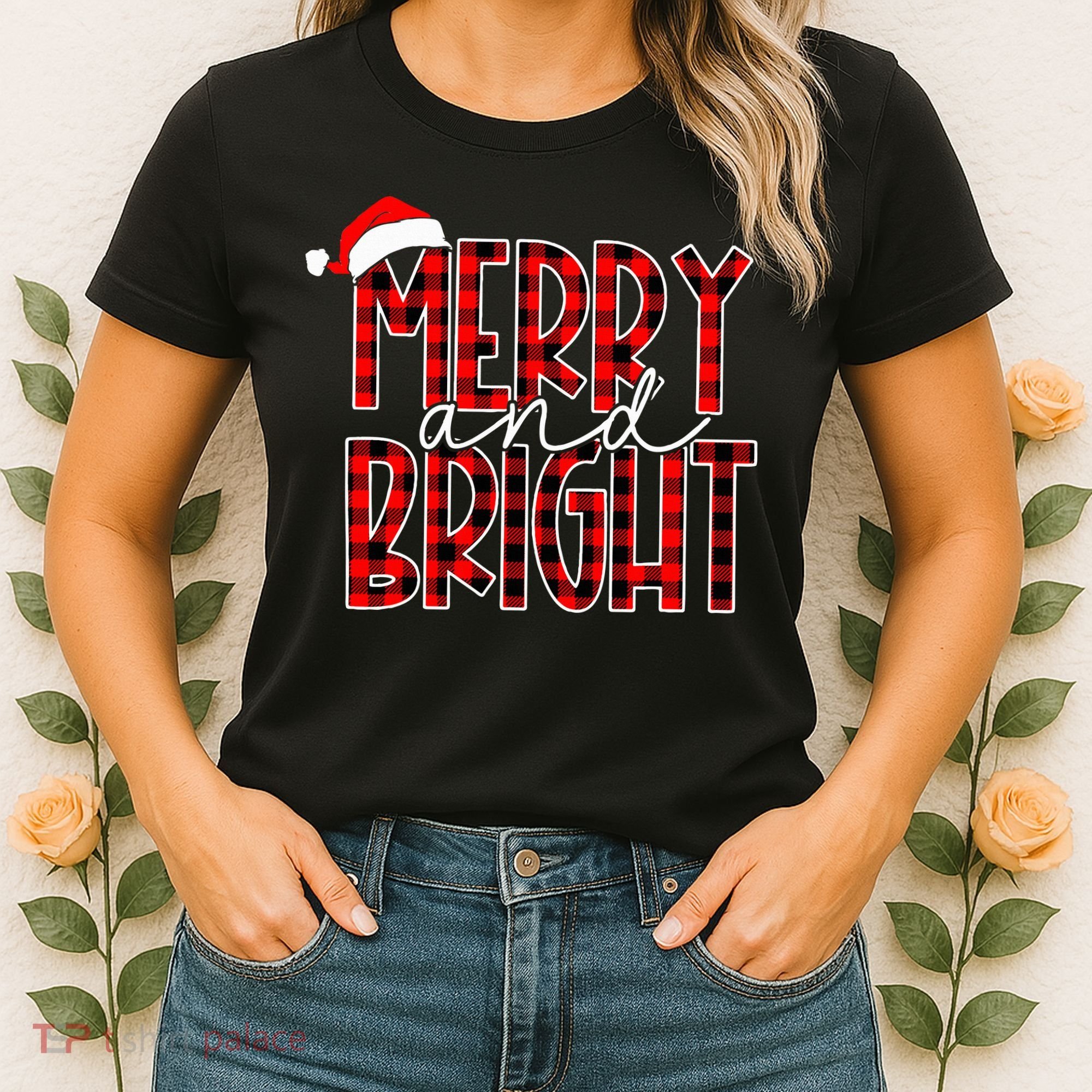 Merry and Bright Buffalo Plaid Red Santa Hat Christmas Xmas  Women's T-Shirt