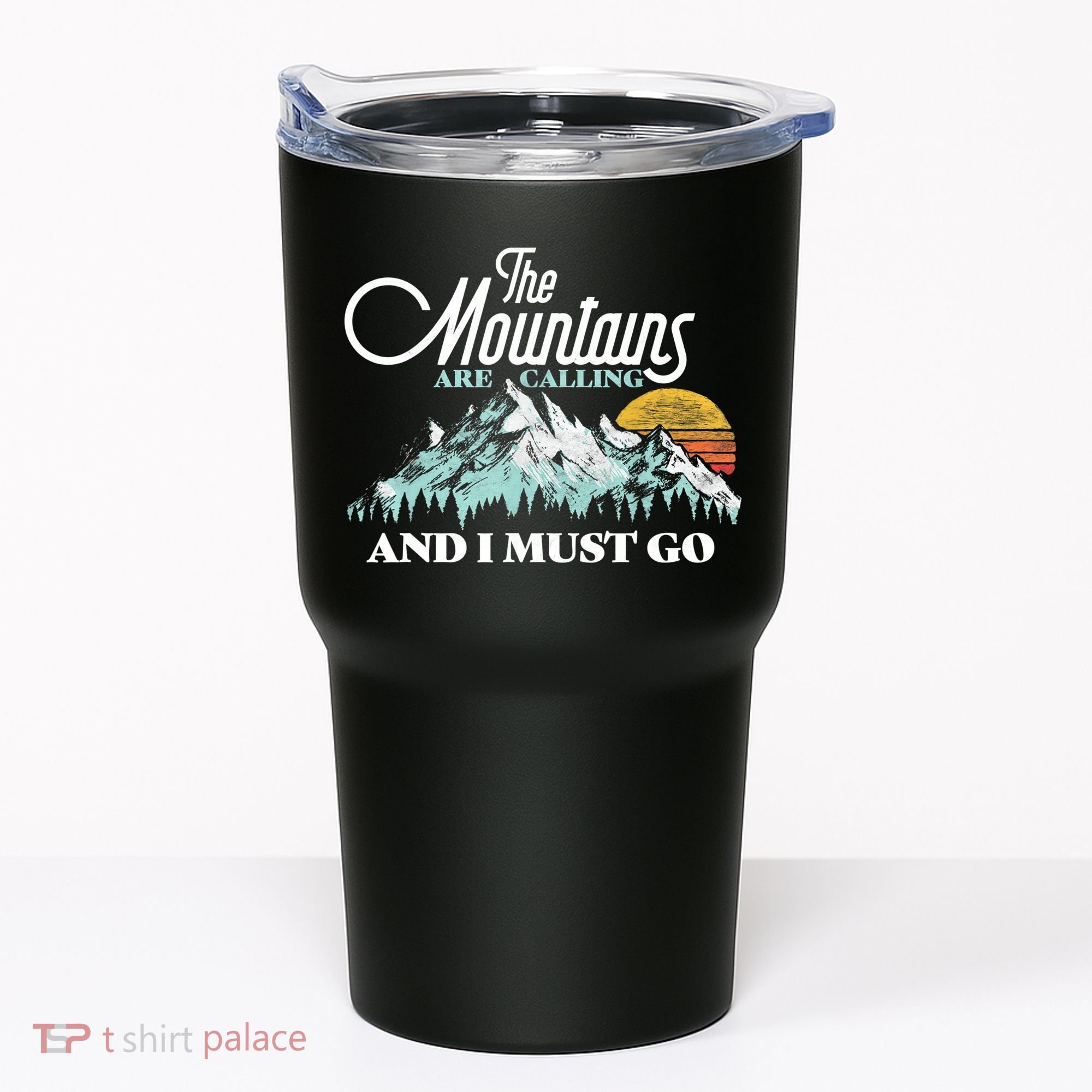Mountains Are Calling & I Must Go Retro 80s Vibe Graphic TShirt Tumbler