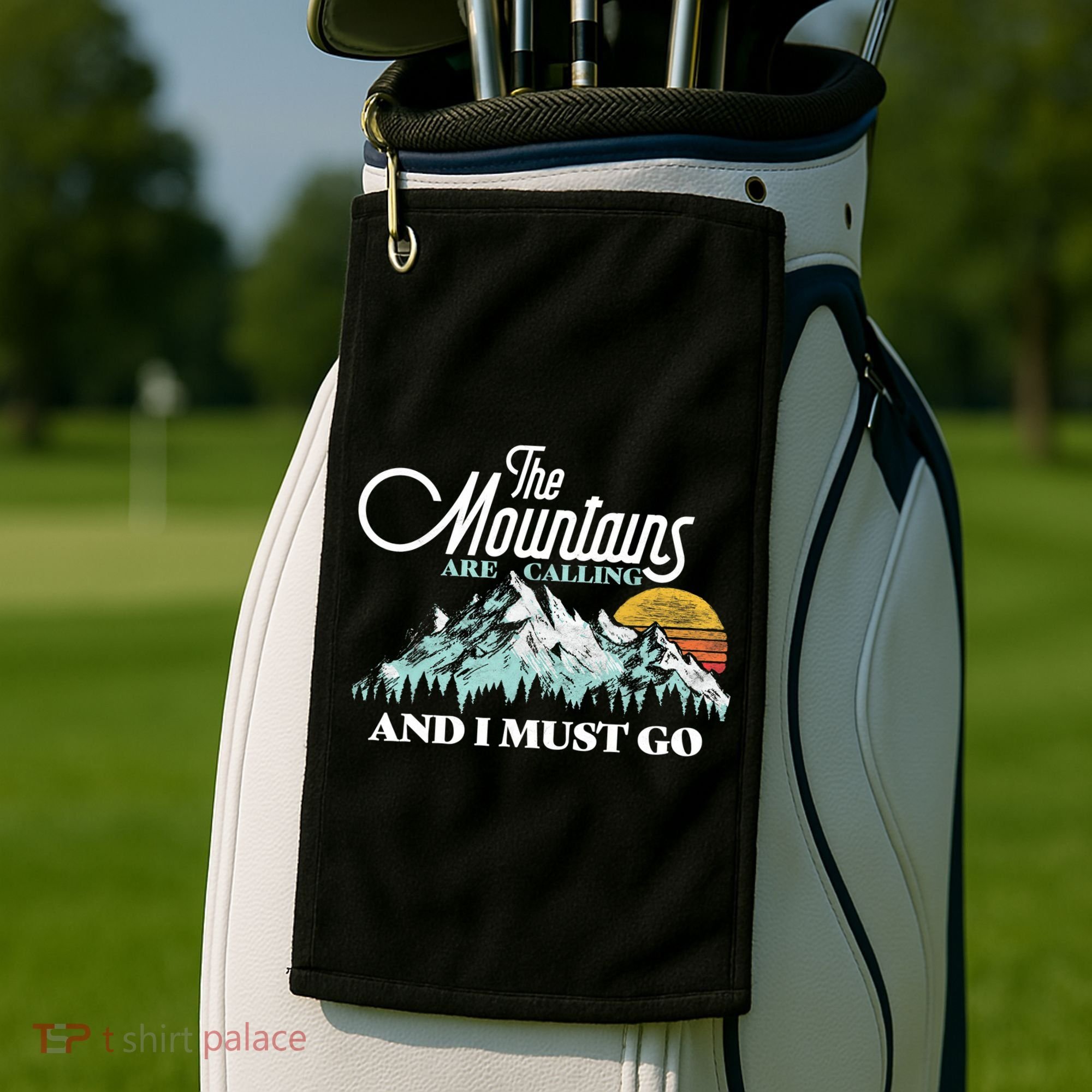 Mountains Are Calling & I Must Go Retro 80s Vibe Graphic TShirt Golf Towel