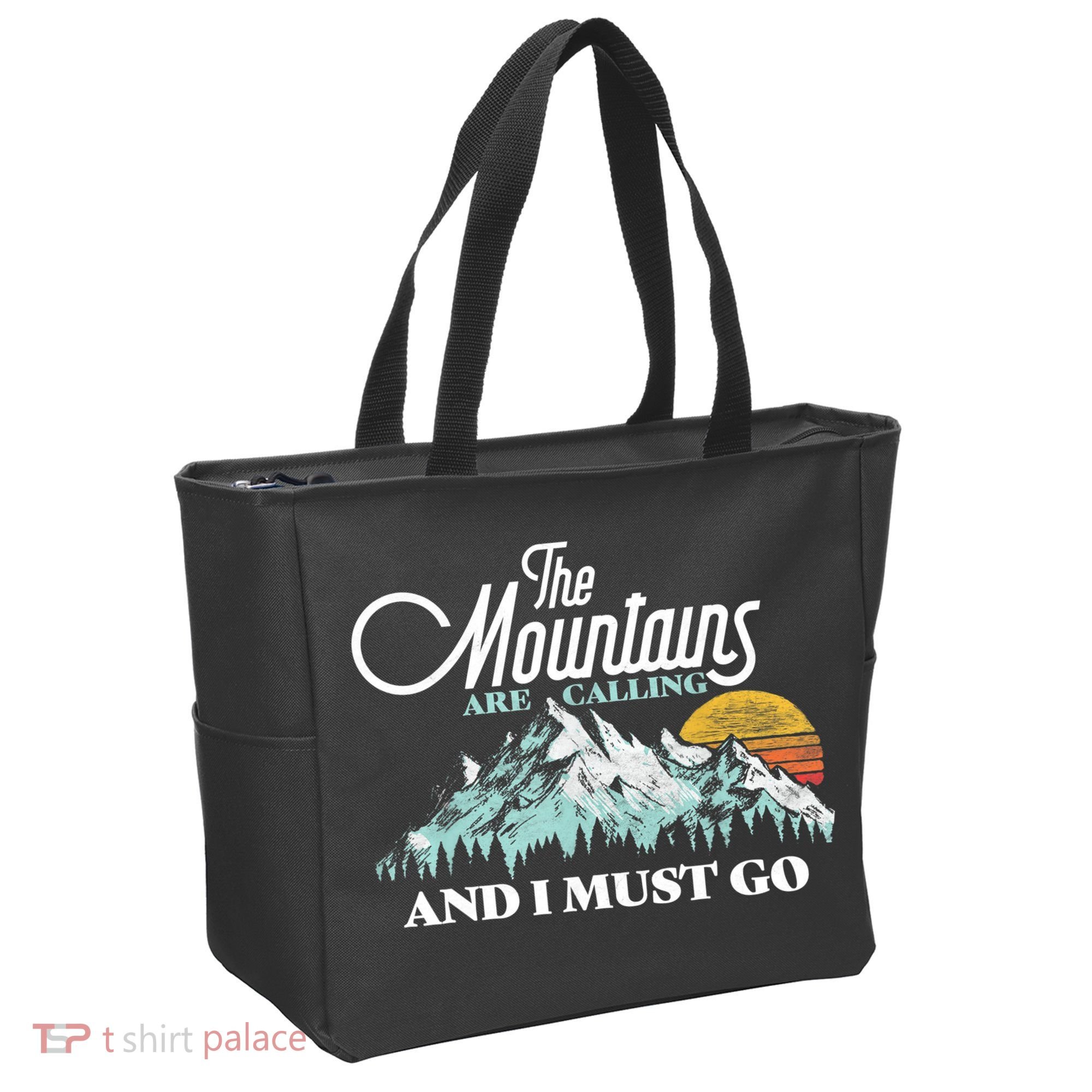 Mountains Are Calling & I Must Go Retro 80s Vibe Graphic TShirt Tote Bag