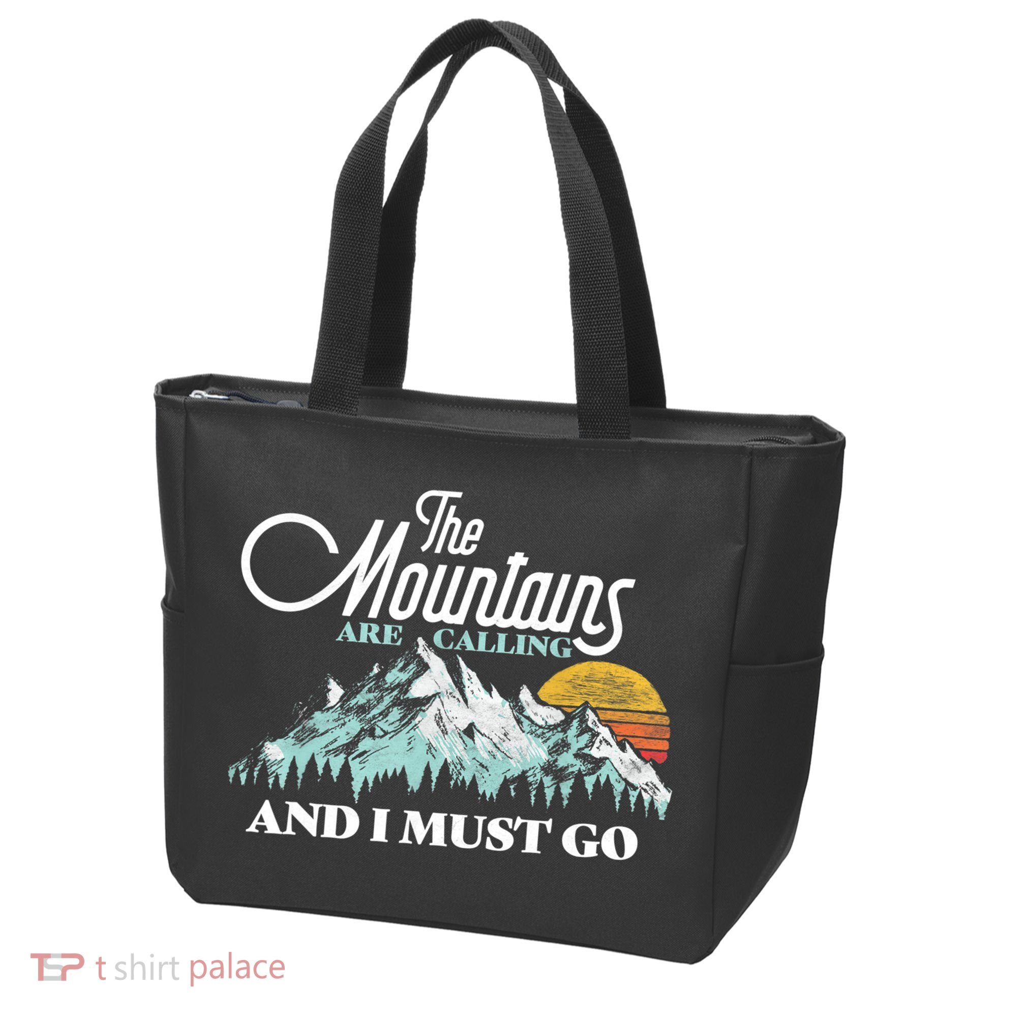 Mountains Are Calling & I Must Go Retro 80s Vibe Graphic TShirt Tote Bag