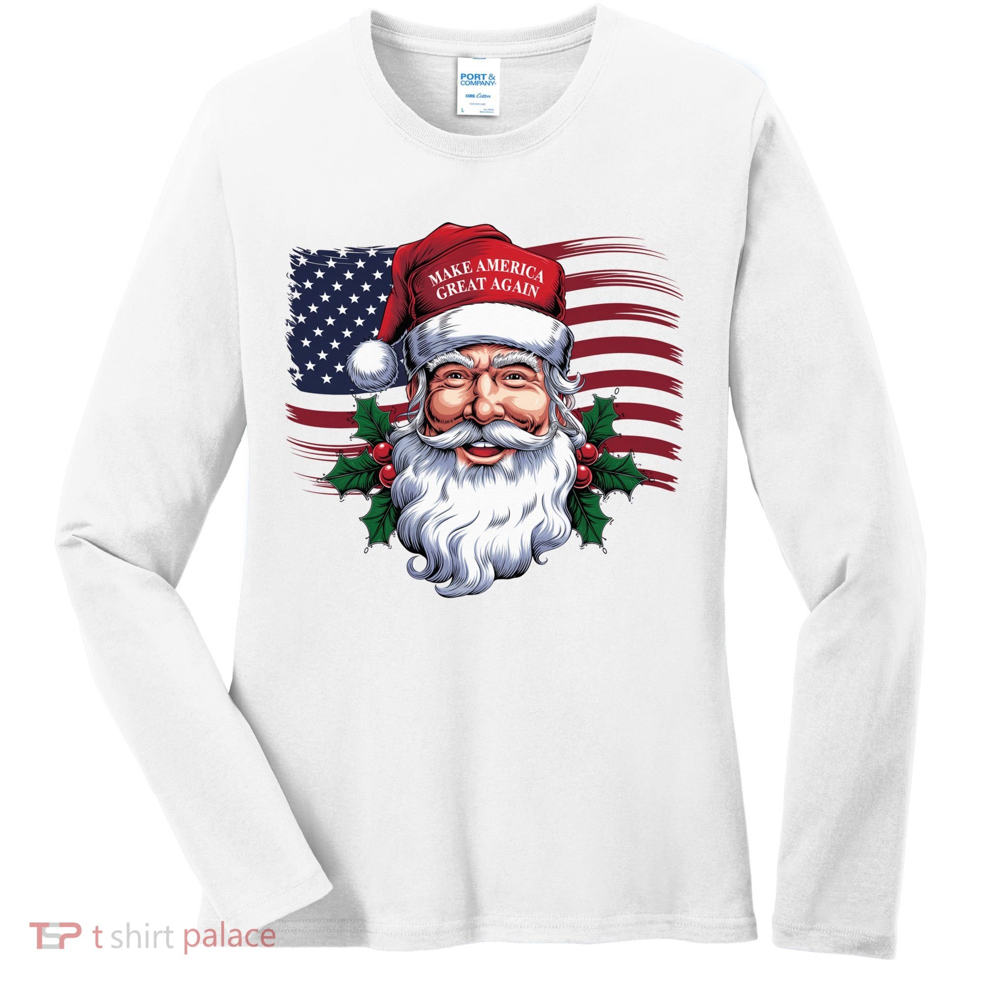 Make A Christmas Great Again Xmas Trump Maga Pajamas Santa Us Flag Women's Long Sleeve Shirt