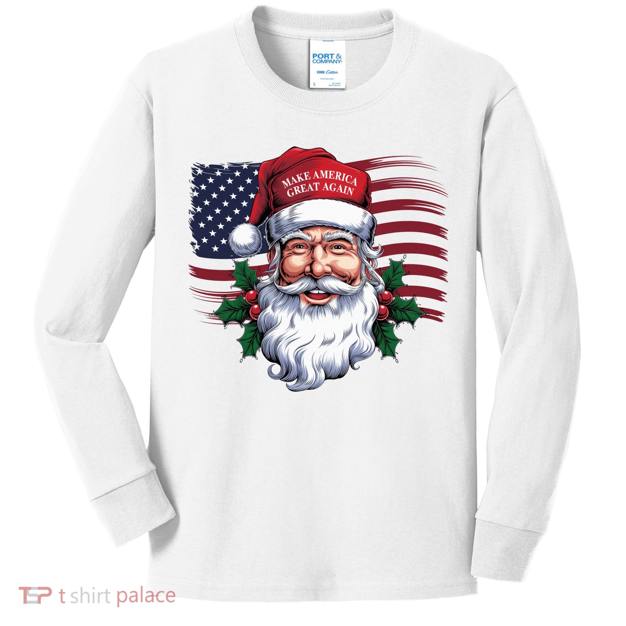 Make A Christmas Great Again Xmas Trump Maga Pajamas Santa Us Flag Kids Long Sleeve Shirt