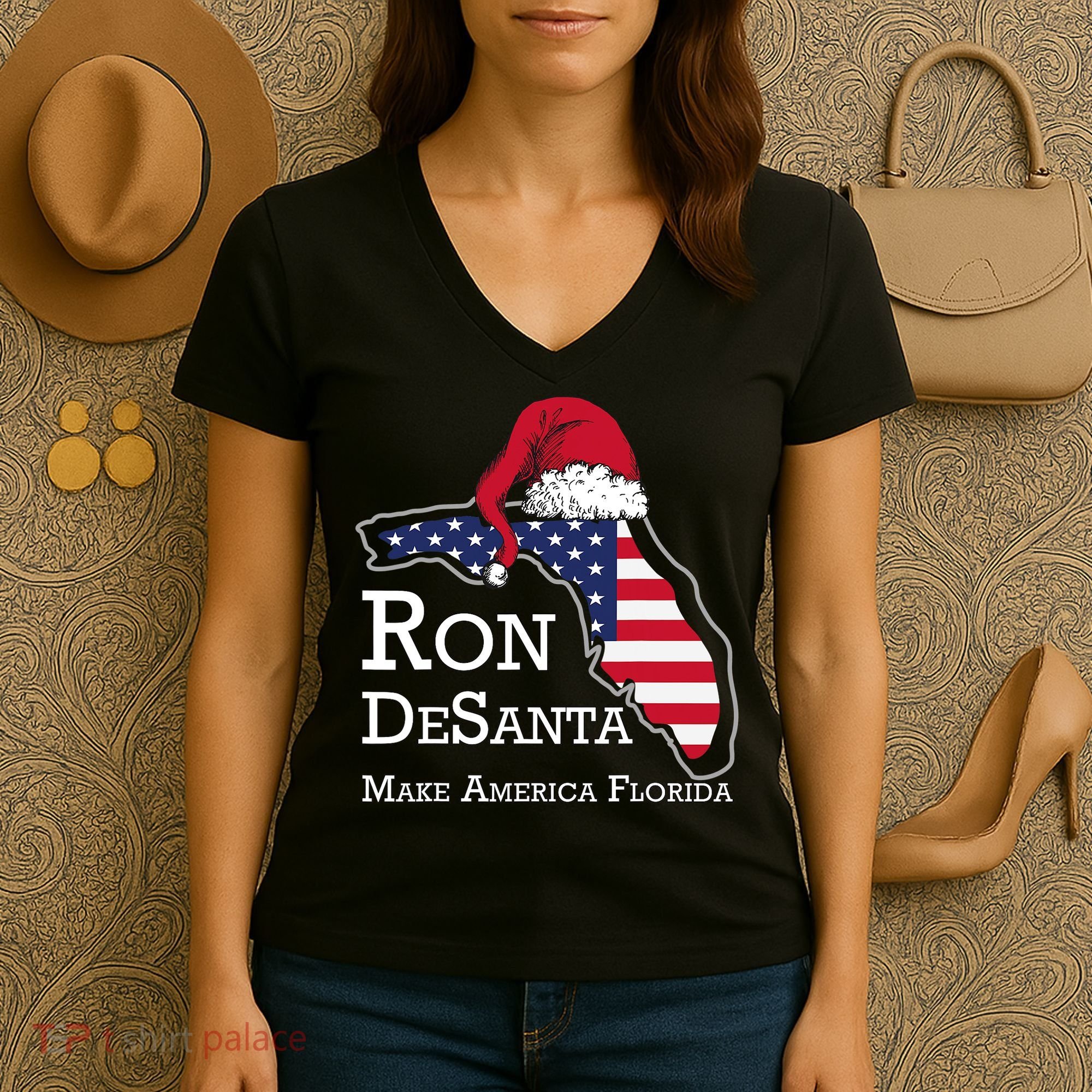 Make America Florida Ron DeSanta DeSantis Election Christmas Women's V-Neck T-Shirt