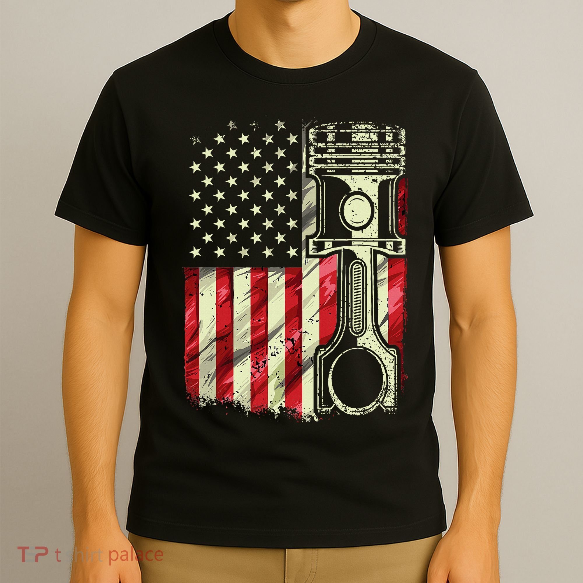Mechanic American Flag Piston Muscle Car Patriotic Vintage T-Shirt