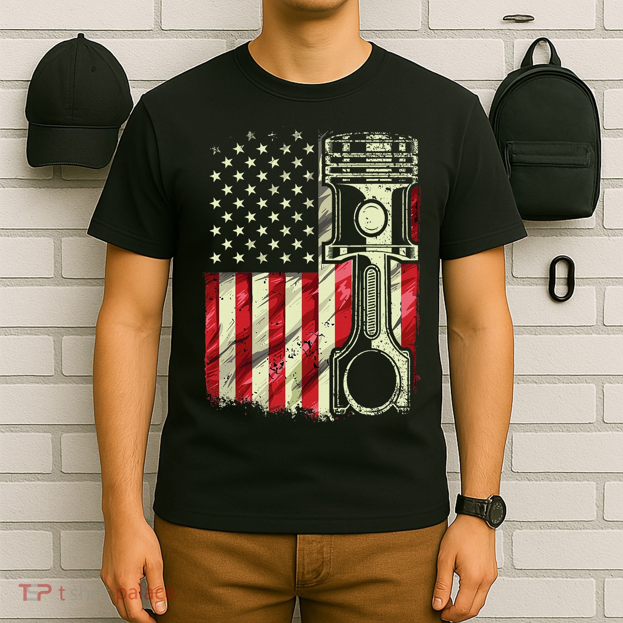 Mechanic American Flag Piston Muscle Car Patriotic Vintage T-Shirt