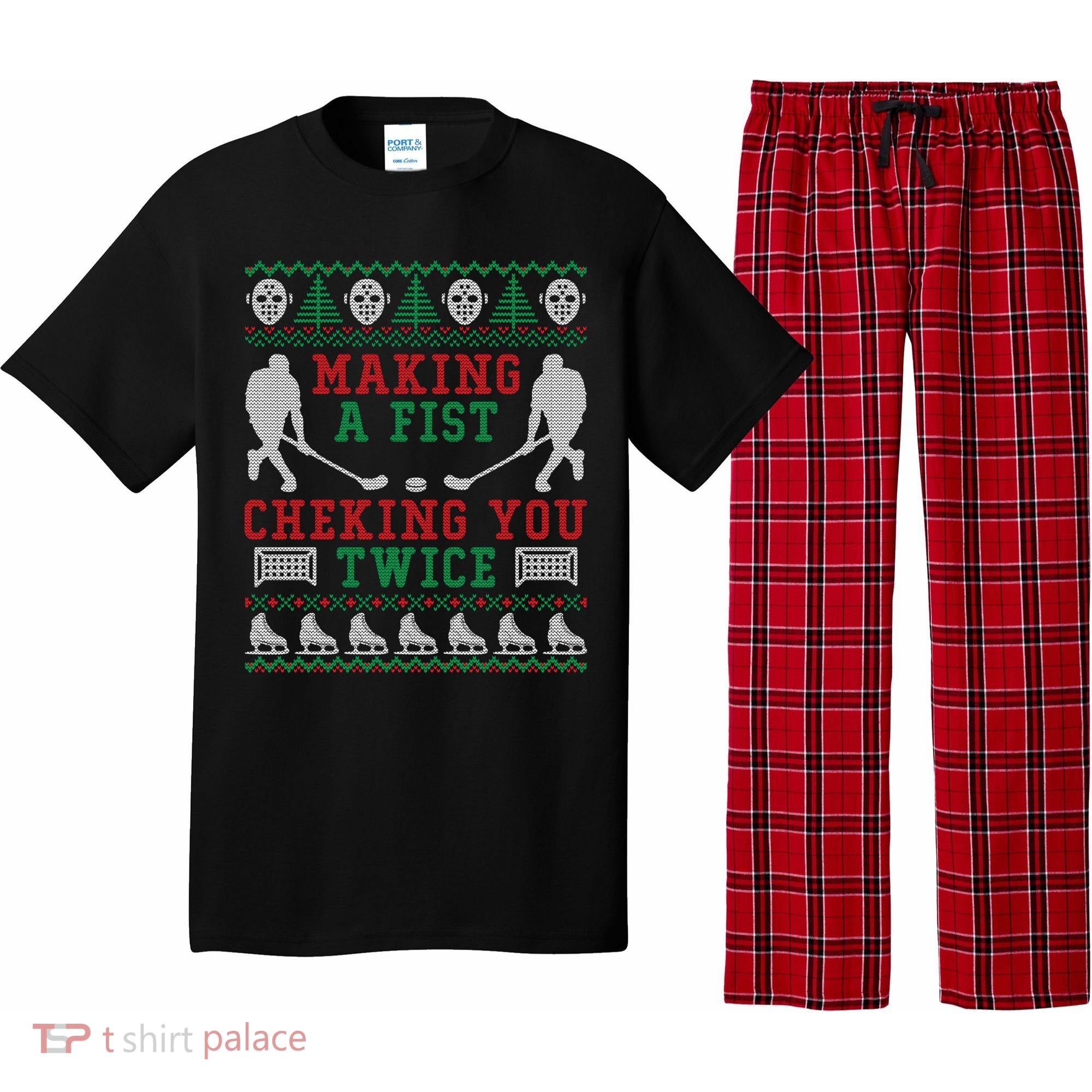 Making A Fist Checking You Twice Hockey Sport Ugly Christmas Cool Gift Pajama Set
