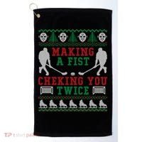 Making A Fist Checking You Twice Hockey Sport Ugly Christmas Cool Gift Golf Towel thumb 0