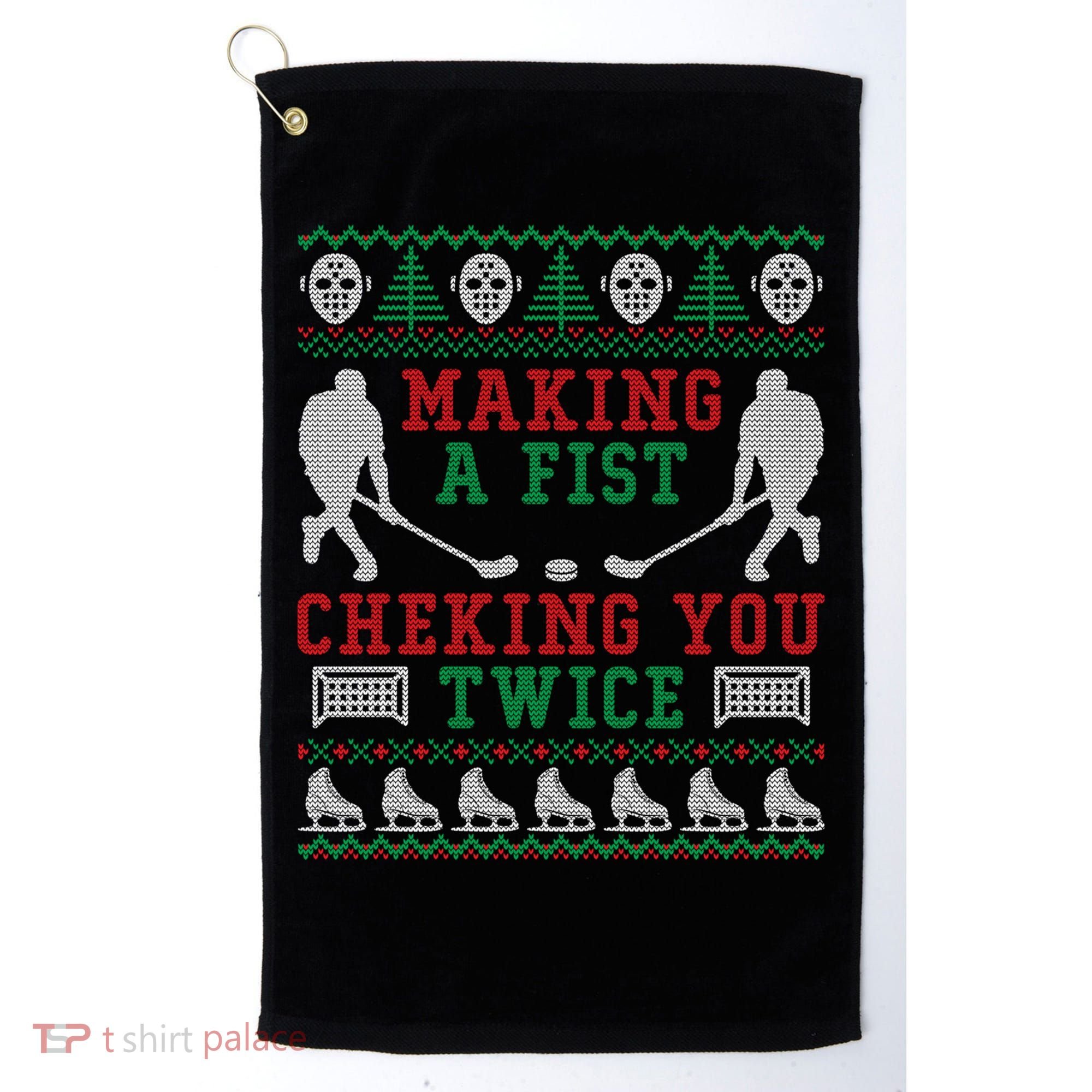 Making A Fist Checking You Twice Hockey Sport Ugly Christmas Cool Gift Golf Towel