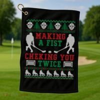 Making A Fist Checking You Twice Hockey Sport Ugly Christmas Cool Gift Golf Towel thumb 1