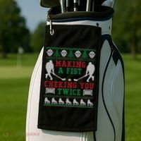 Making A Fist Checking You Twice Hockey Sport Ugly Christmas Cool Gift Golf Towel thumb 2