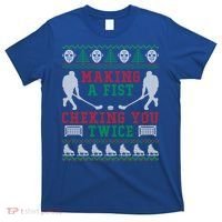 Making A Fist Checking You Twice Hockey Sport Ugly Christmas Cool Gift T-Shirt thumb 0