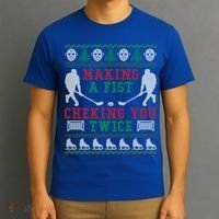 Making A Fist Checking You Twice Hockey Sport Ugly Christmas Cool Gift T-Shirt thumb 3