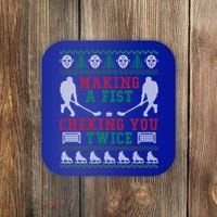 Making A Fist Checking You Twice Hockey Sport Ugly Christmas Cool Gift Coaster thumb 0
