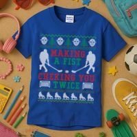 Making A Fist Checking You Twice Hockey Sport Ugly Christmas Cool Gift Kids T-Shirt thumb 3