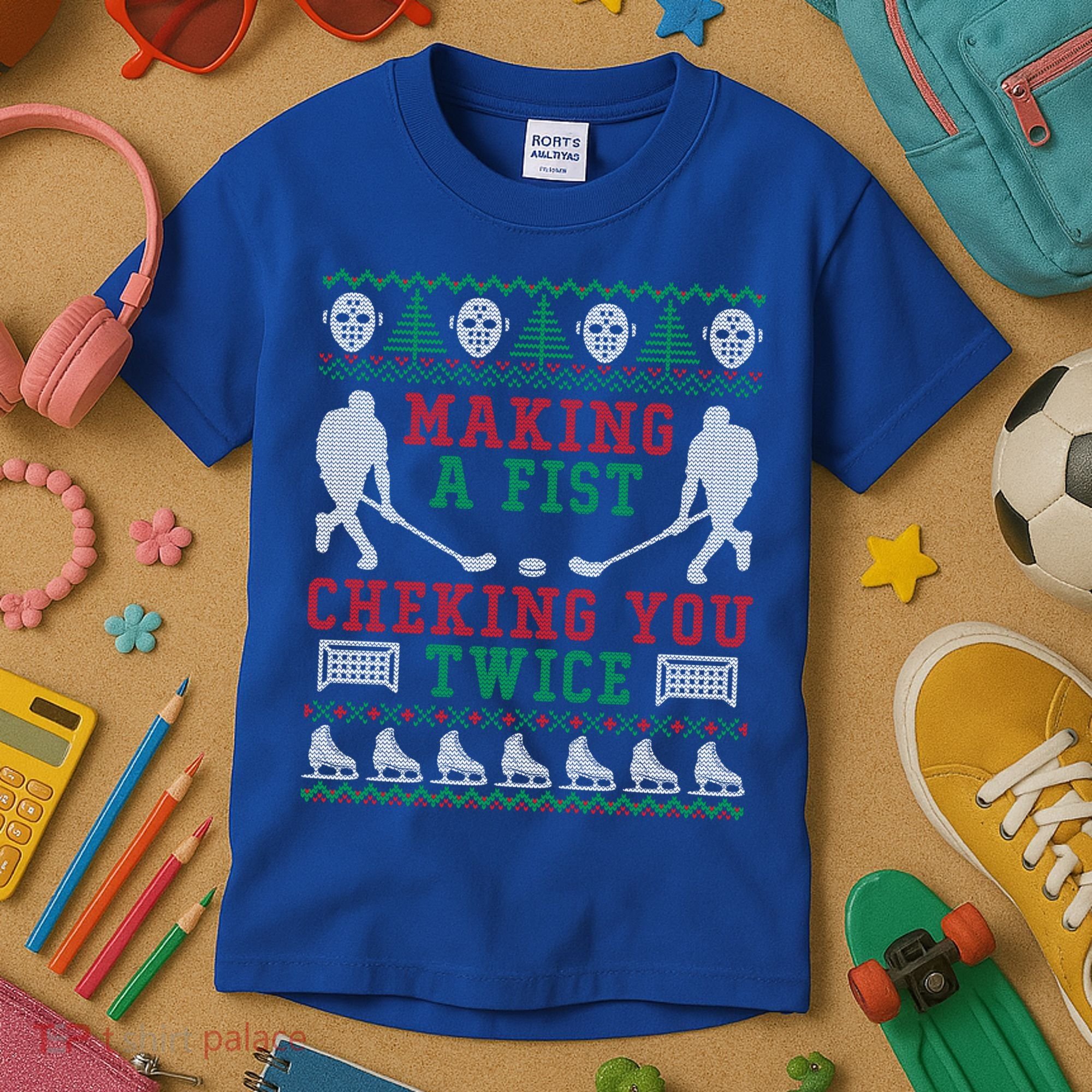 Making A Fist Checking You Twice Hockey Sport Ugly Christmas Cool Gift Kids T-Shirt