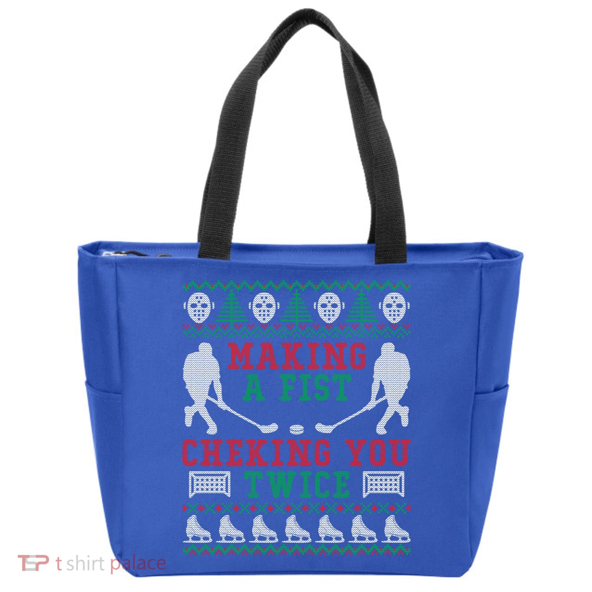 Making A Fist Checking You Twice Hockey Sport Ugly Christmas Cool Gift Tote Bag