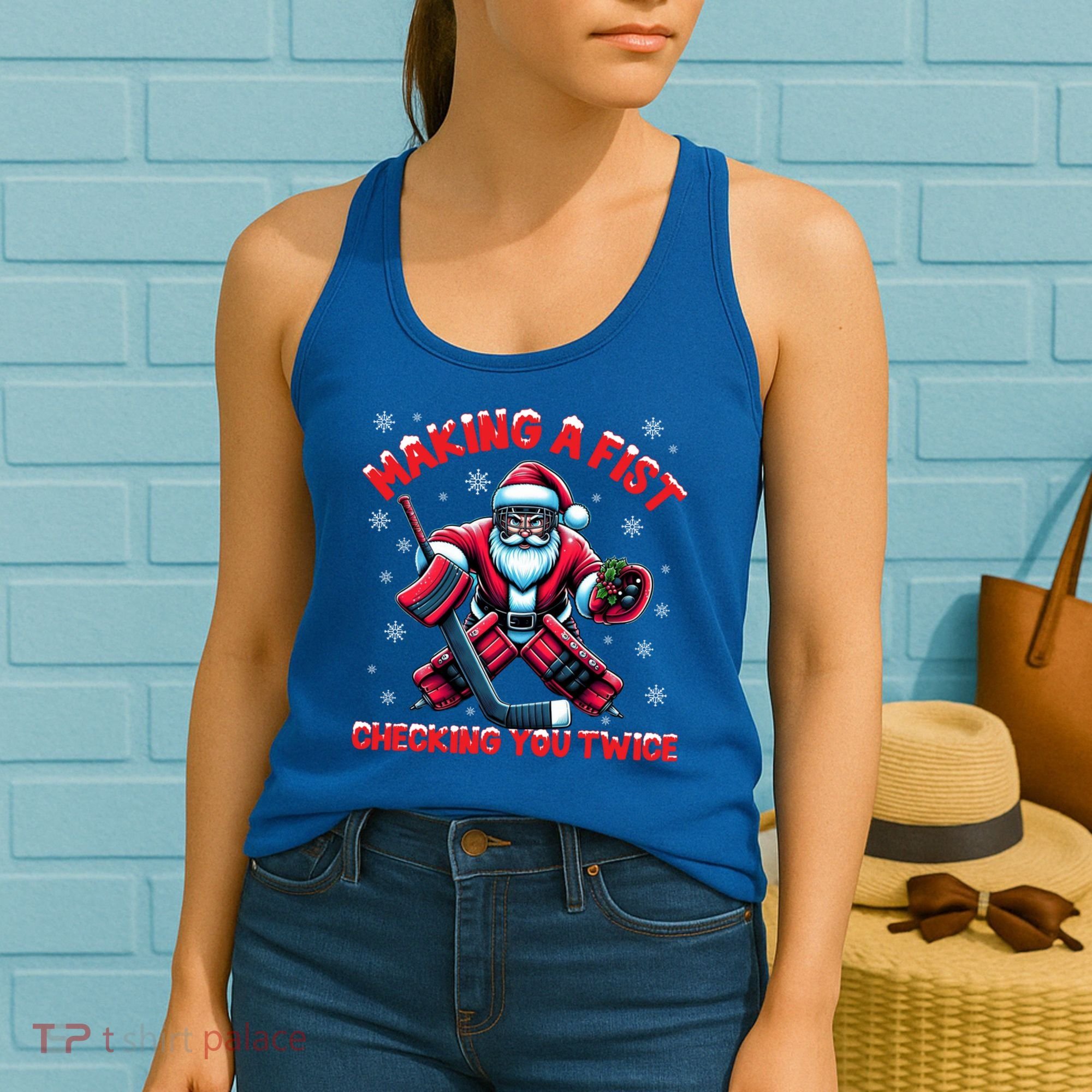 Making A Fist Checking You Twice Ice Hockey Xmas Snowflakes Cool Gift Women's Tank Top
