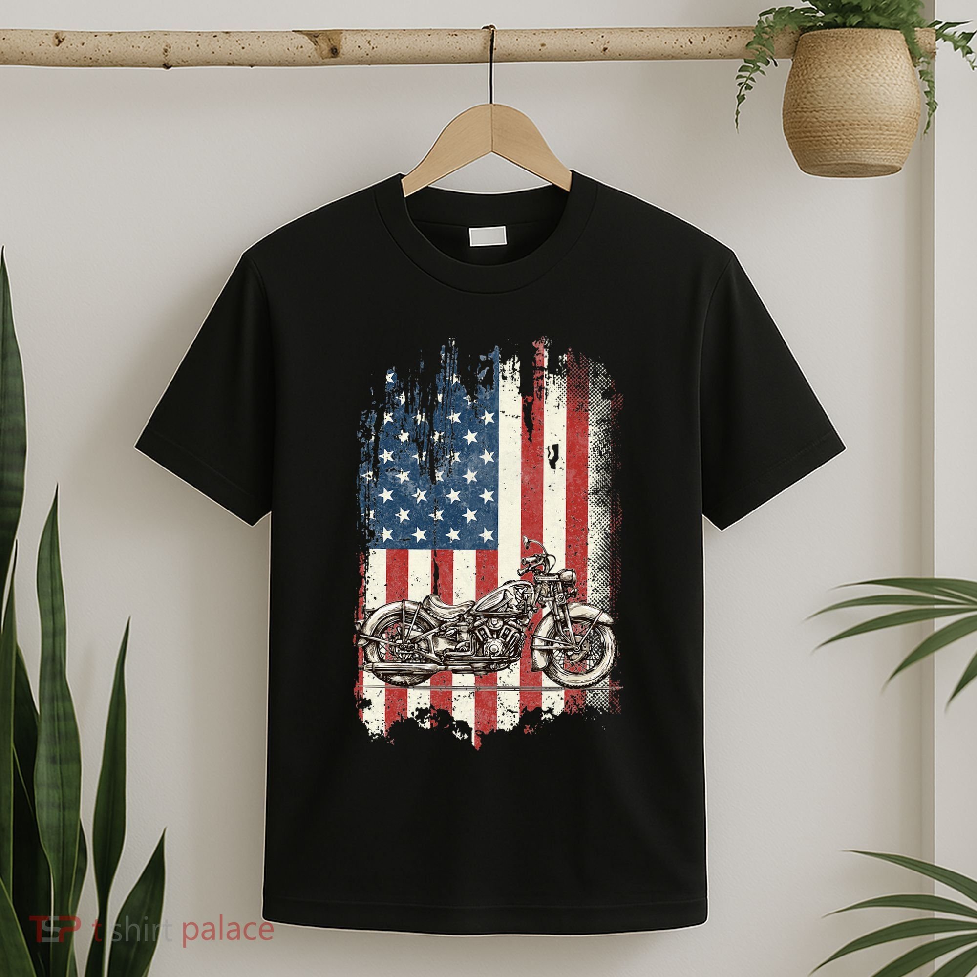 Motorcycle American Flag Distressed Vintage Biker Patriotic T-Shirt