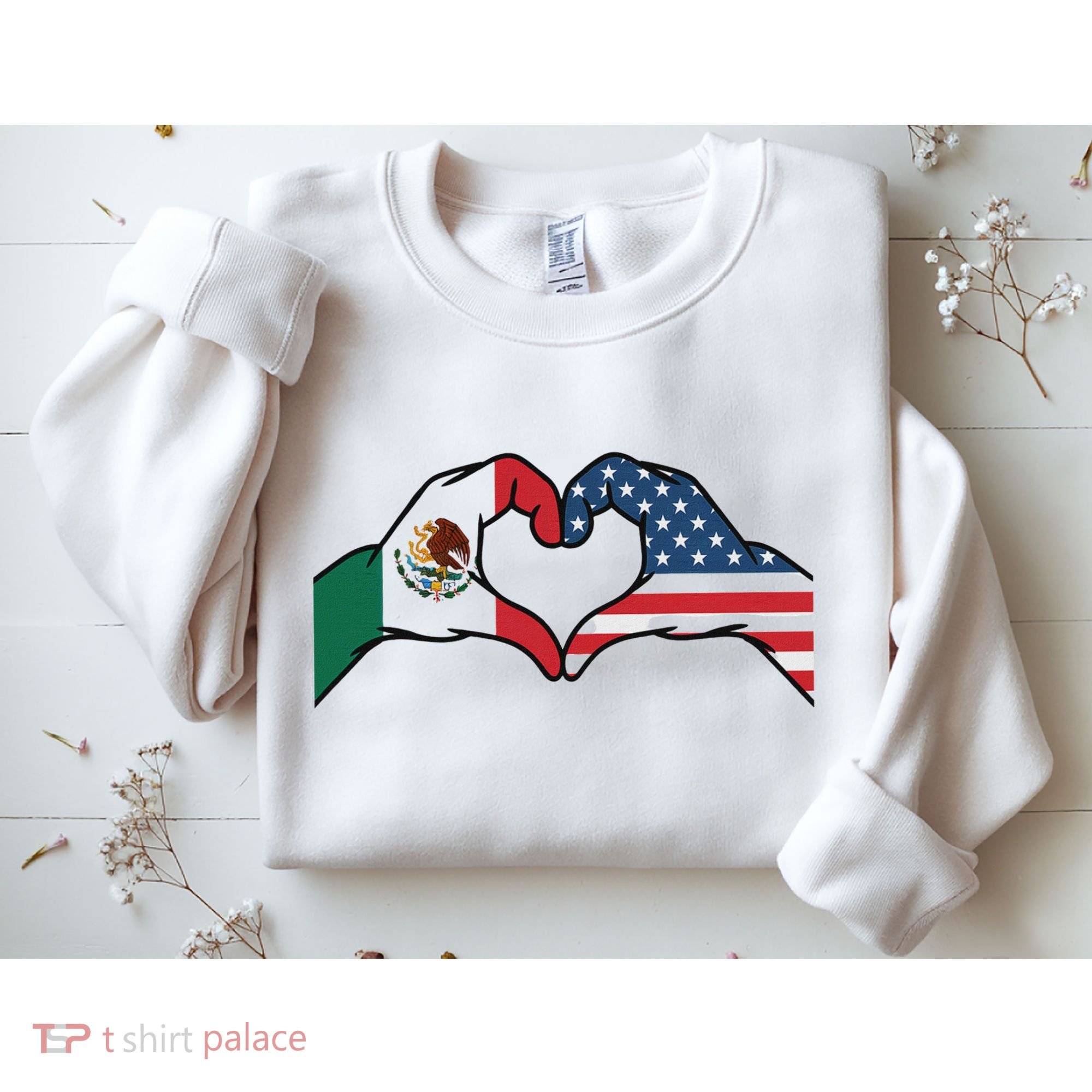 Mexican American Flag Print Heart Hands Love Mexico Usa Sweatshirt
