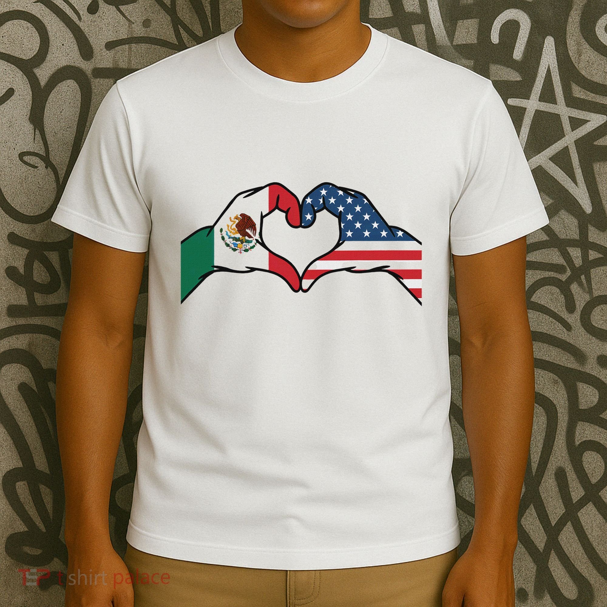 Mexican American Flag Print Heart Hands Love Mexico Usa T-Shirt
