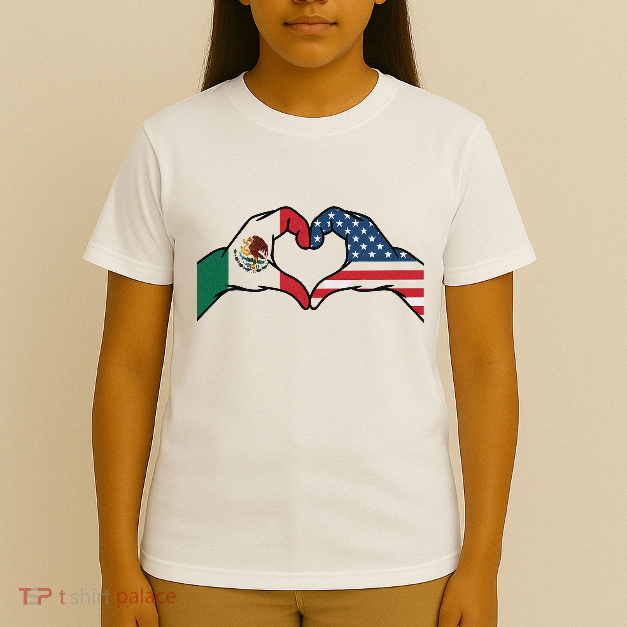 Mexican American Flag Print Heart Hands Love Mexico Usa T-Shirt
