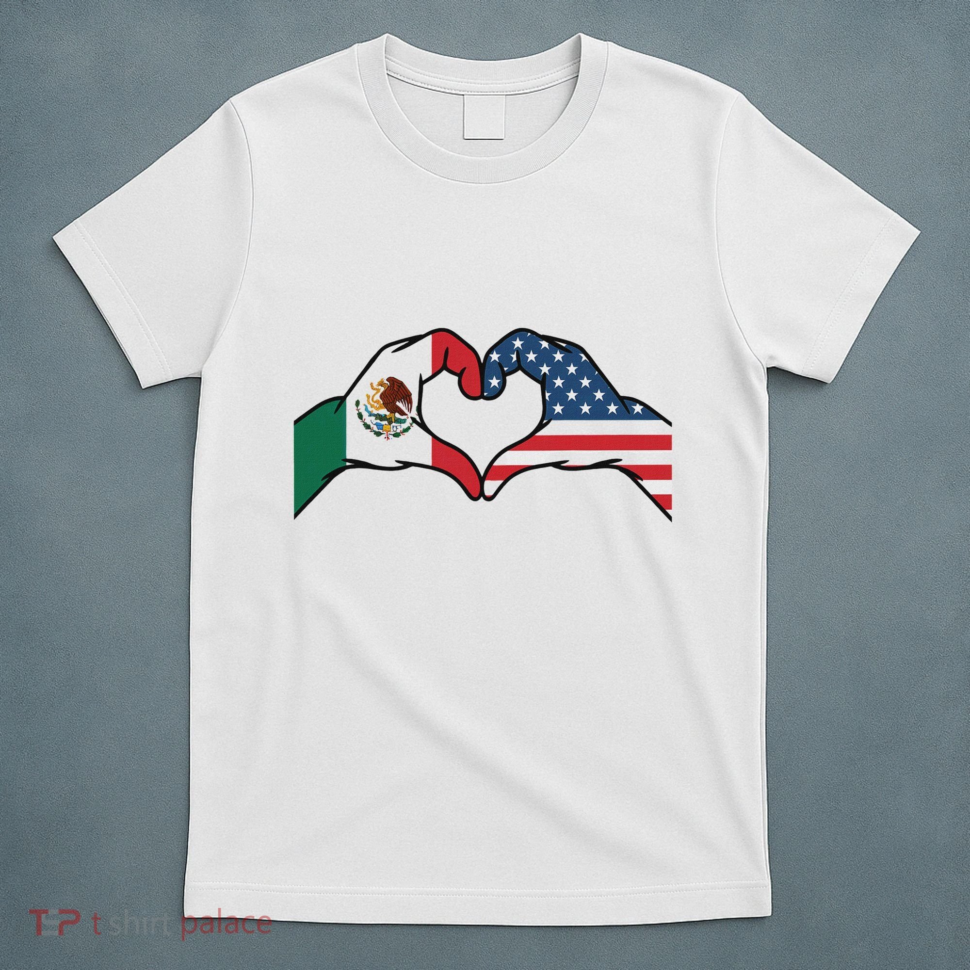 Mexican American Flag Print Heart Hands Love Mexico Usa T-Shirt