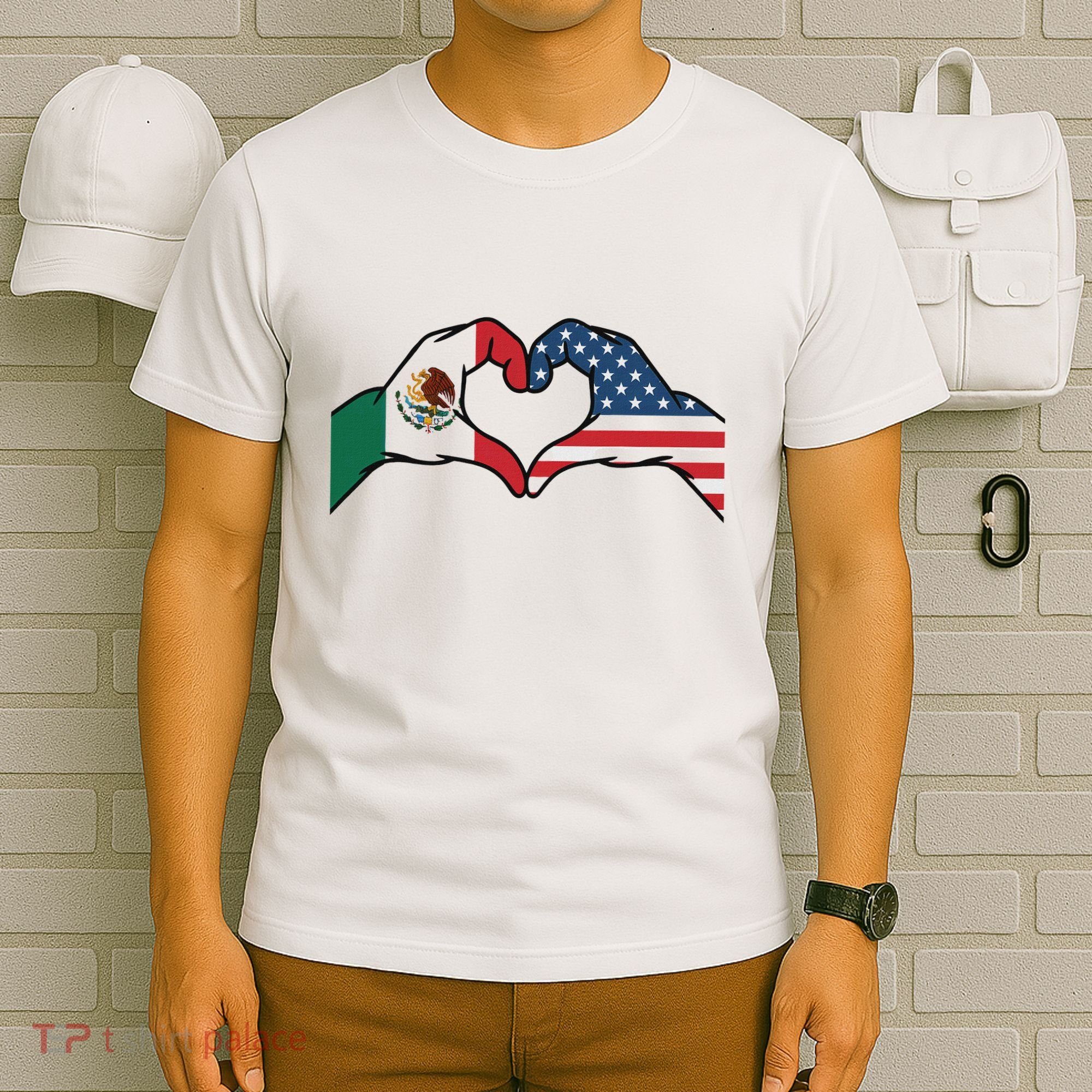Mexican American Flag Print Heart Hands Love Mexico Usa T-Shirt