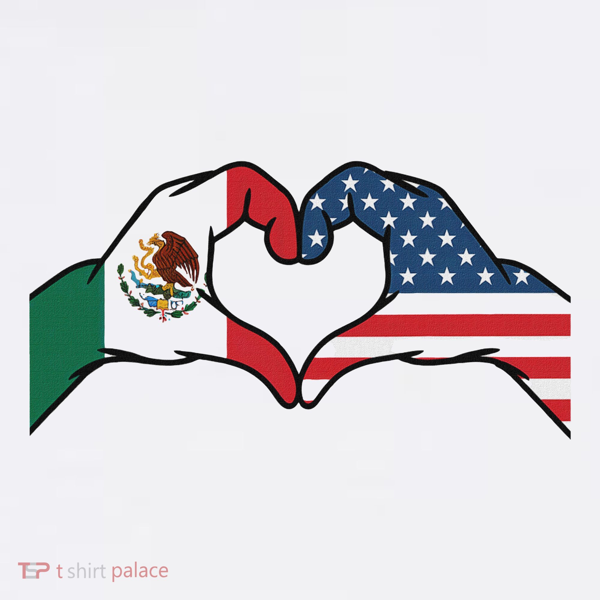 Mexican American Flag Print Heart Hands Love Mexico Usa T-Shirt