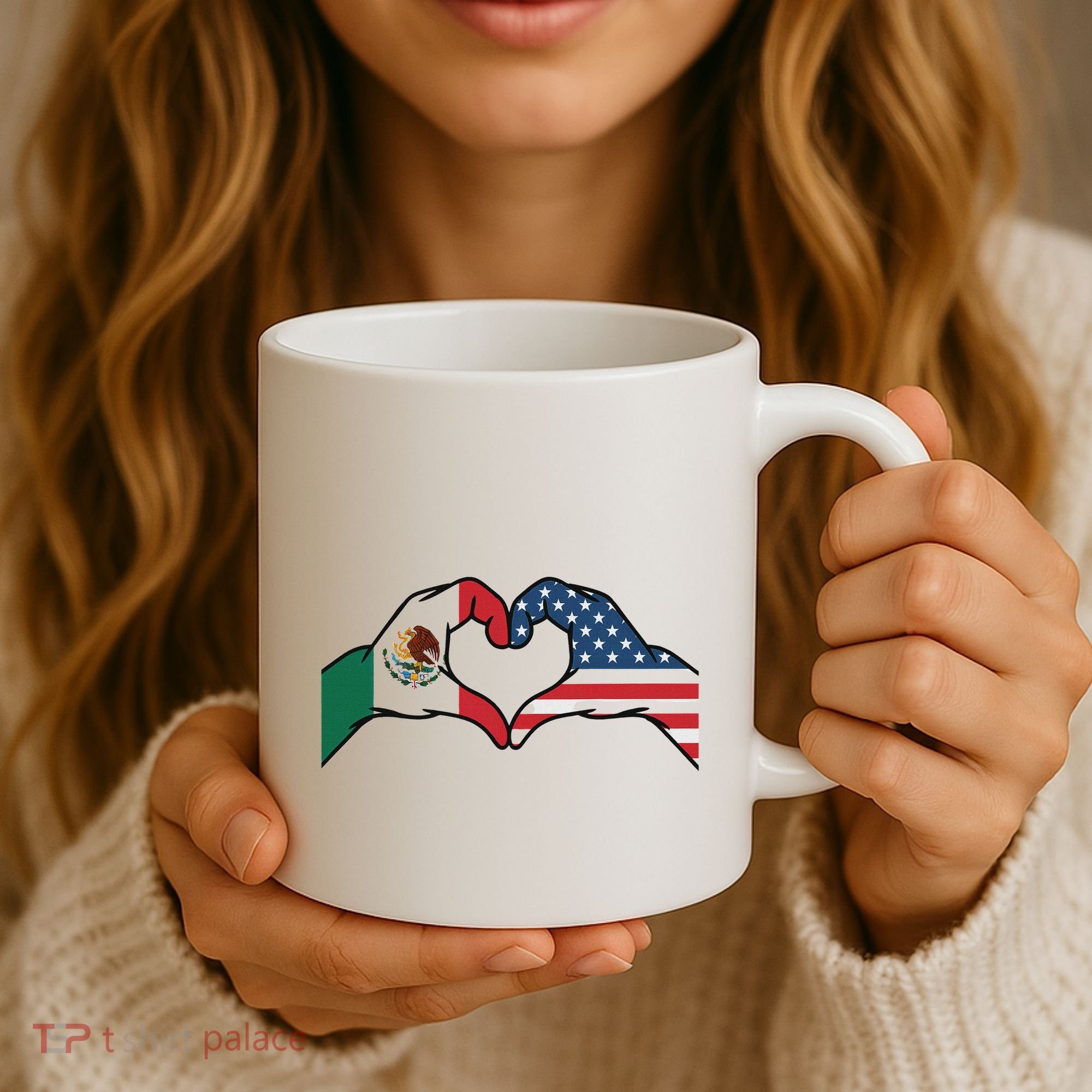 Mexican American Flag Print Heart Hands Love Mexico Usa Coffee Mug