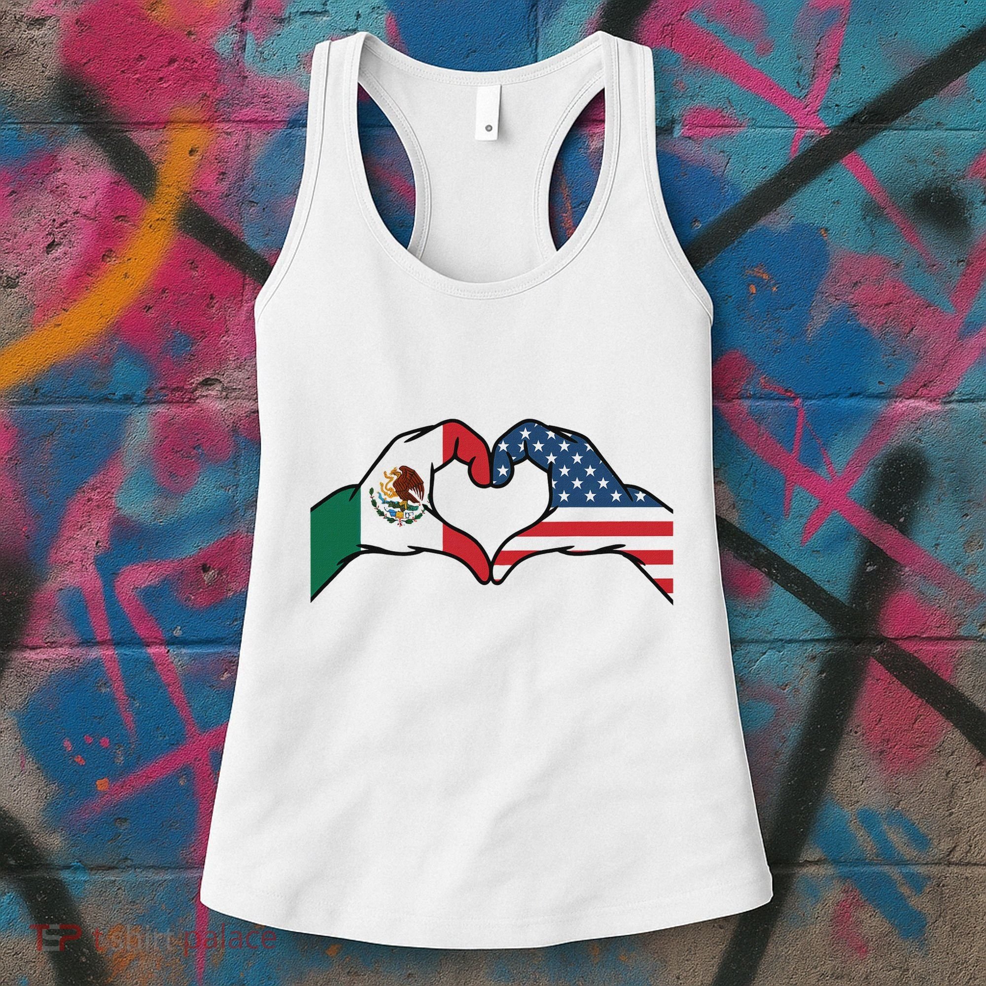 Mexican American Flag Print Heart Hands Love Mexico Usa Women's Tank Top