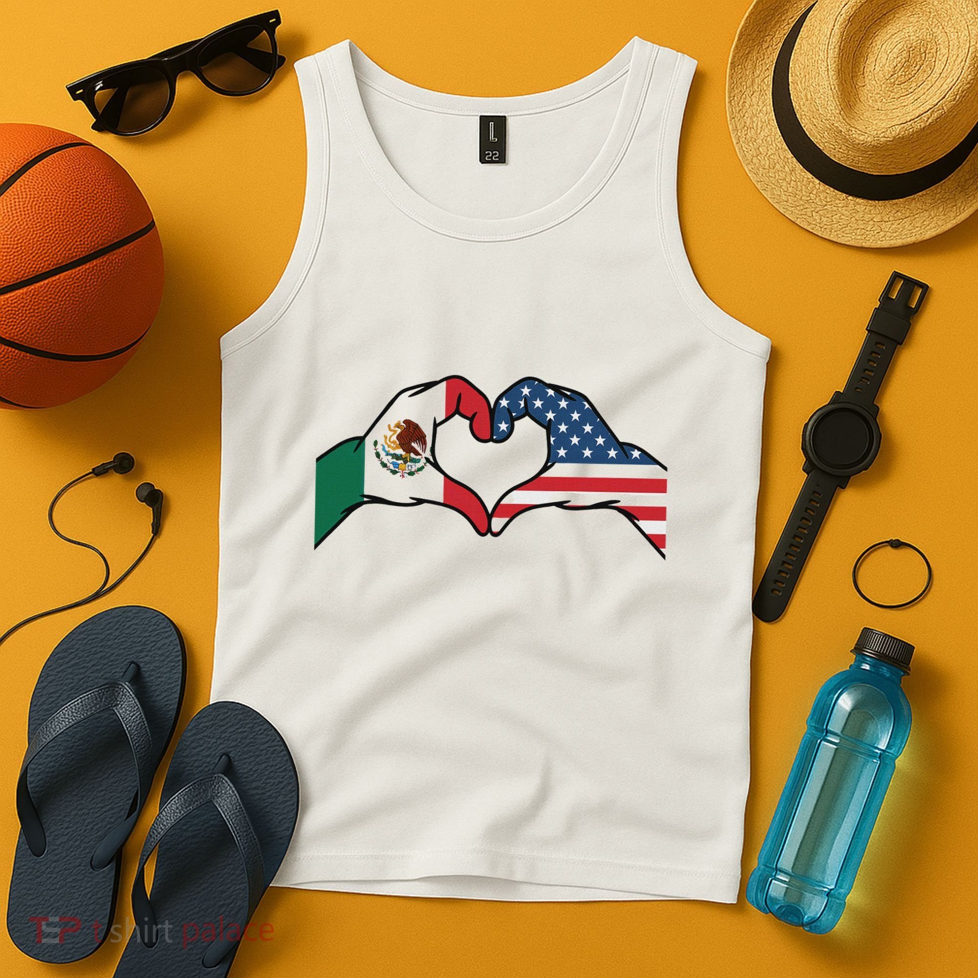 Mexican American Flag Print Heart Hands Love Mexico Usa Tank Top
