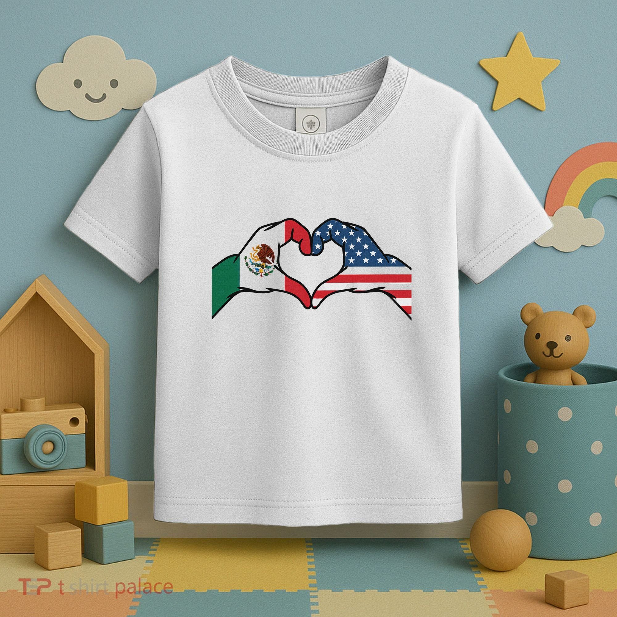 Mexican American Flag Print Heart Hands Love Mexico Usa Toddler T-Shirt