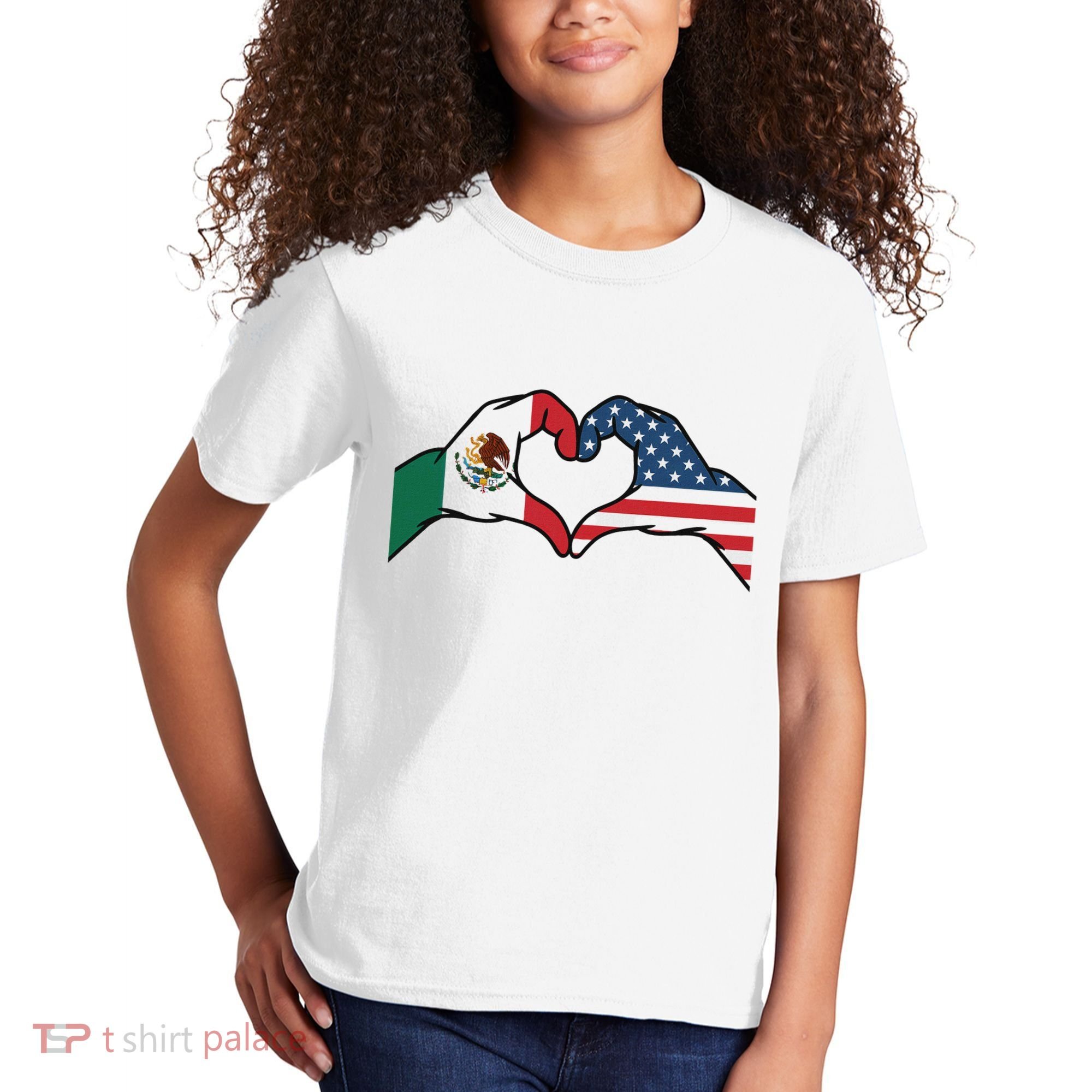Mexican American Flag Print Heart Hands Love Mexico Usa Kids T-Shirt