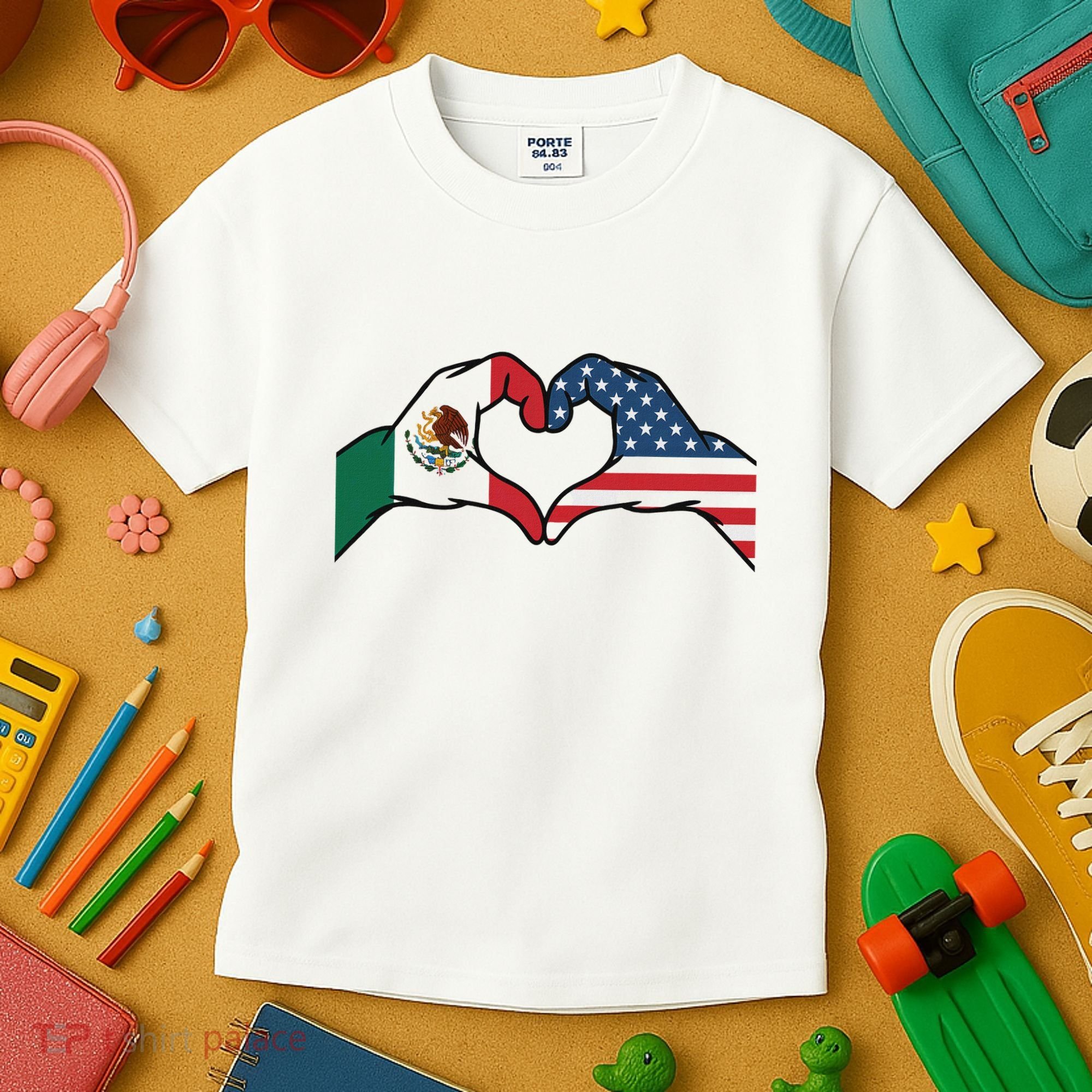 Mexican American Flag Print Heart Hands Love Mexico Usa Kids T-Shirt