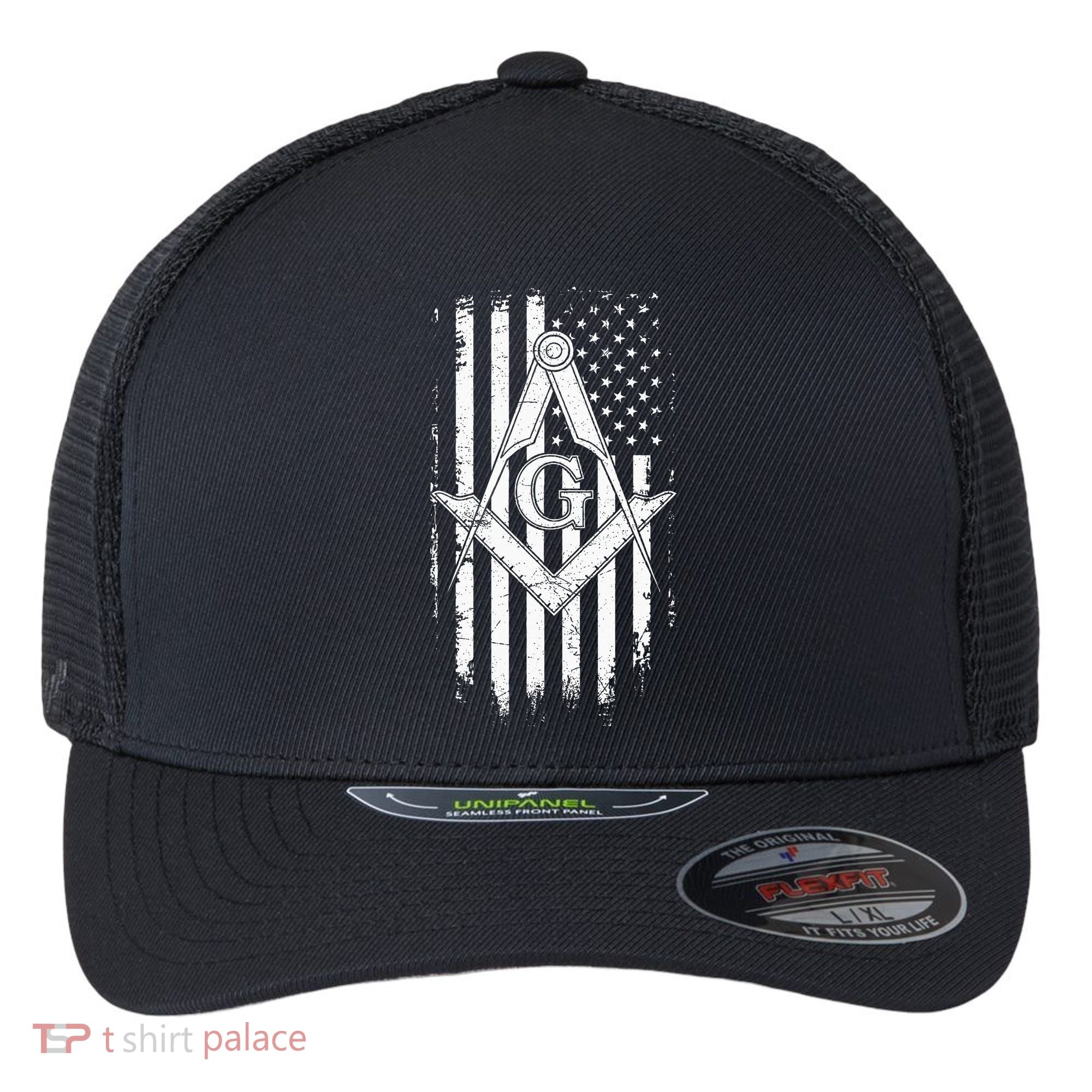 Masonic American Flag Square And Compass Freemason Flexfit Unipanel Trucker Cap