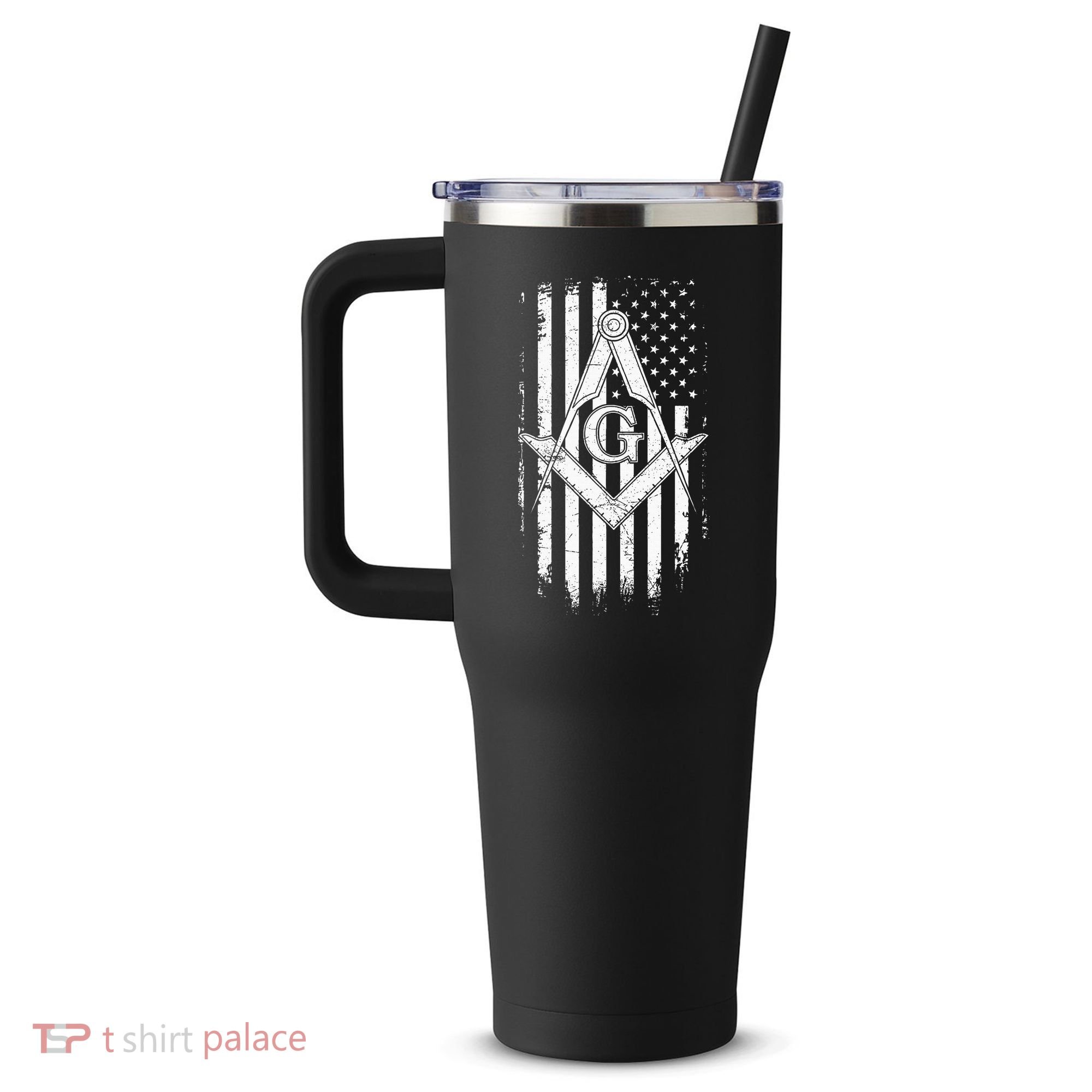 Masonic American Flag Square And Compass Freemason 40oz Vacuum Insulated Stainless Steel Travel Tumbler
