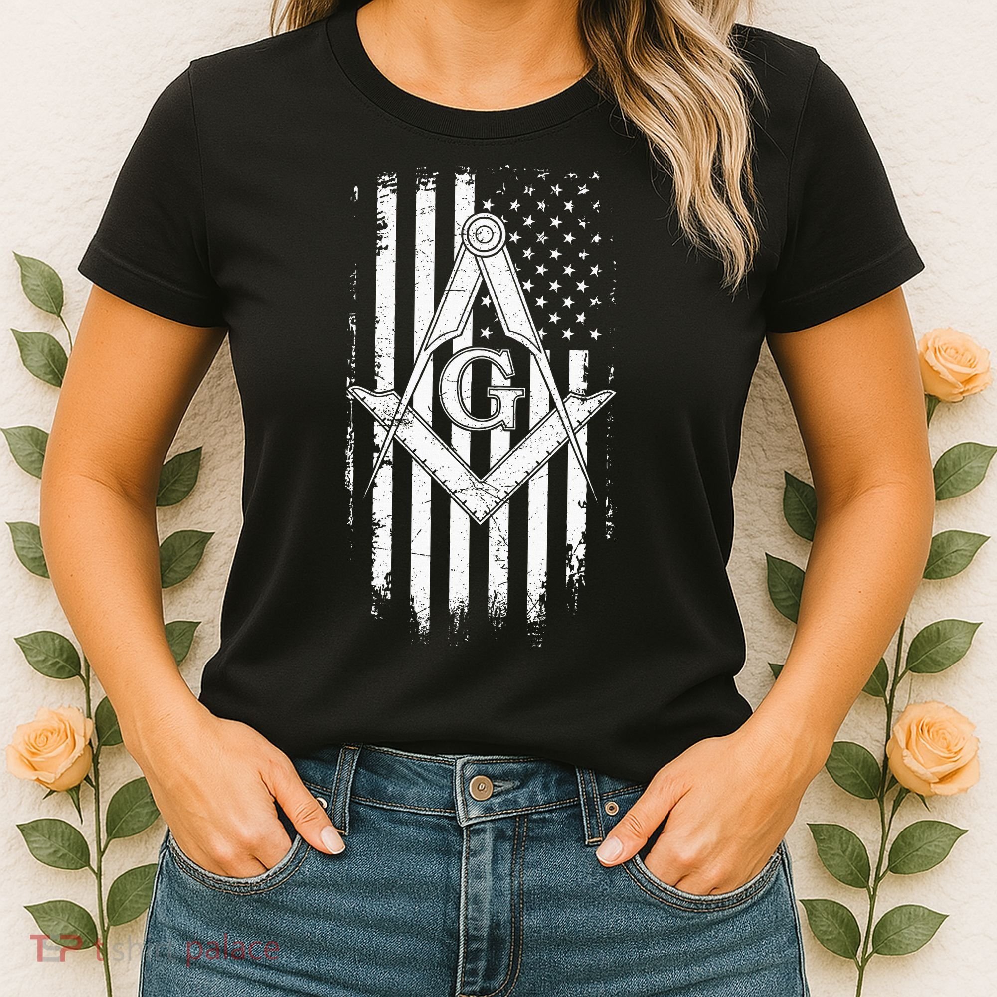 Masonic American Flag Square And Compass Freemason Women's T-Shirt