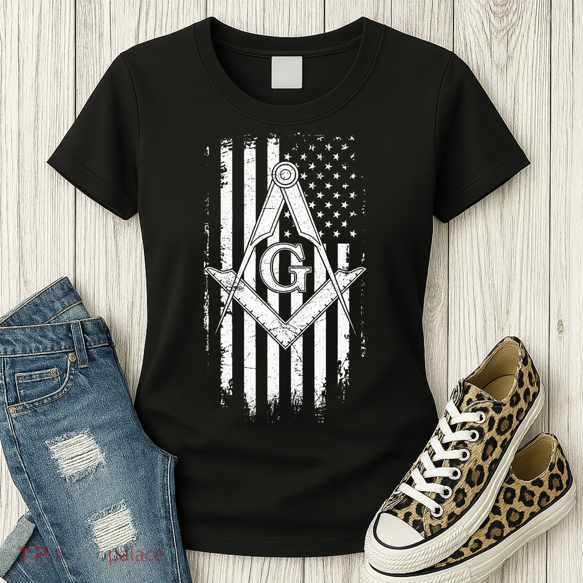 Masonic American Flag Square And Compass Freemason Women's T-Shirt