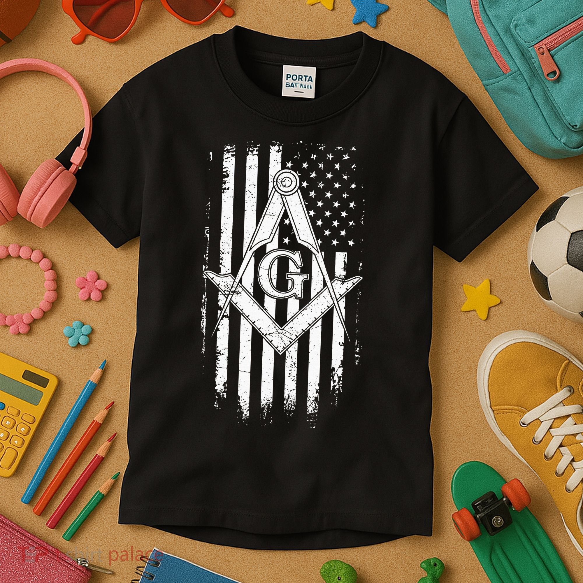 Masonic American Flag Square And Compass Freemason Kids T-Shirt