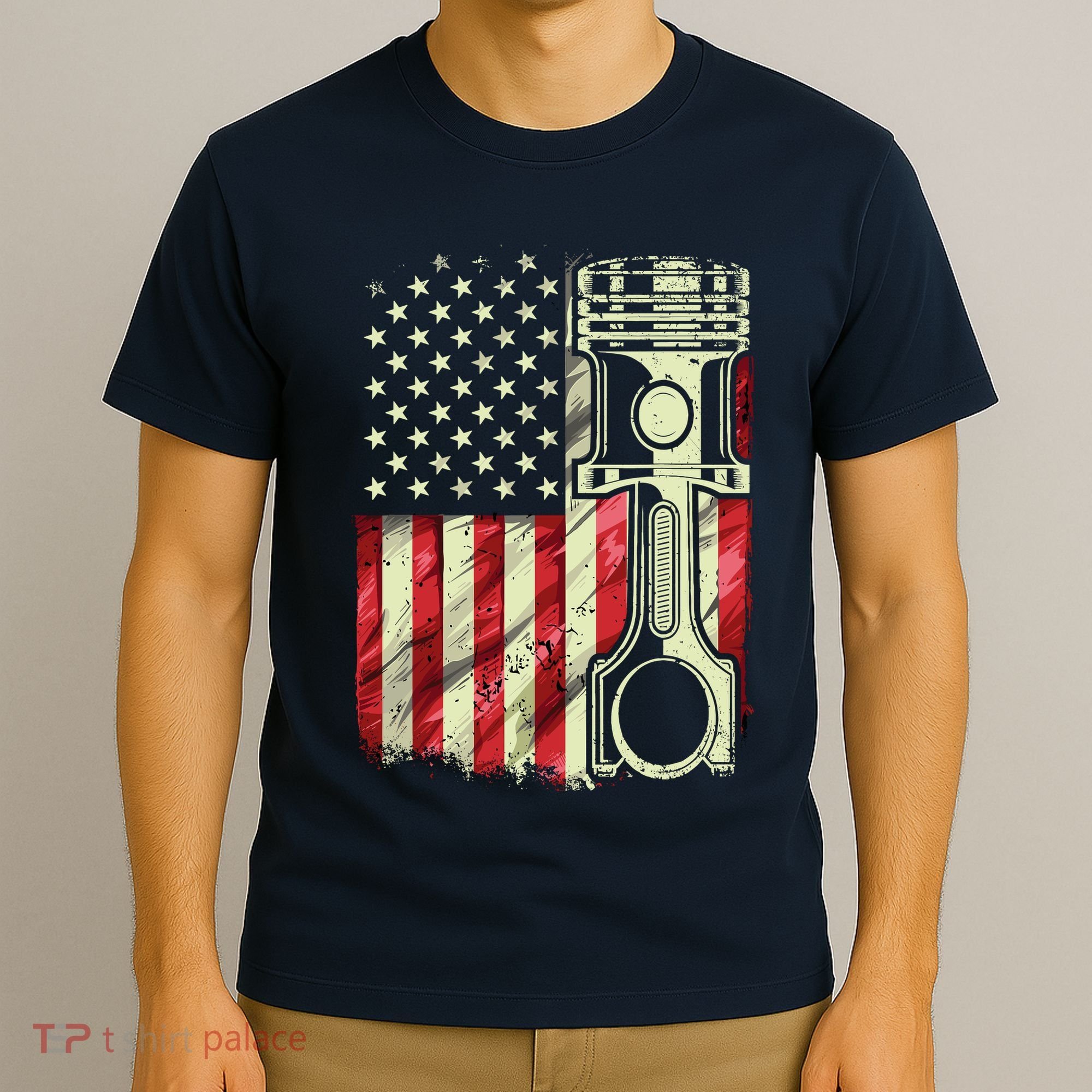 Mechanic American Flag Piston Muscle Car Patriotic Vintage T-Shirt