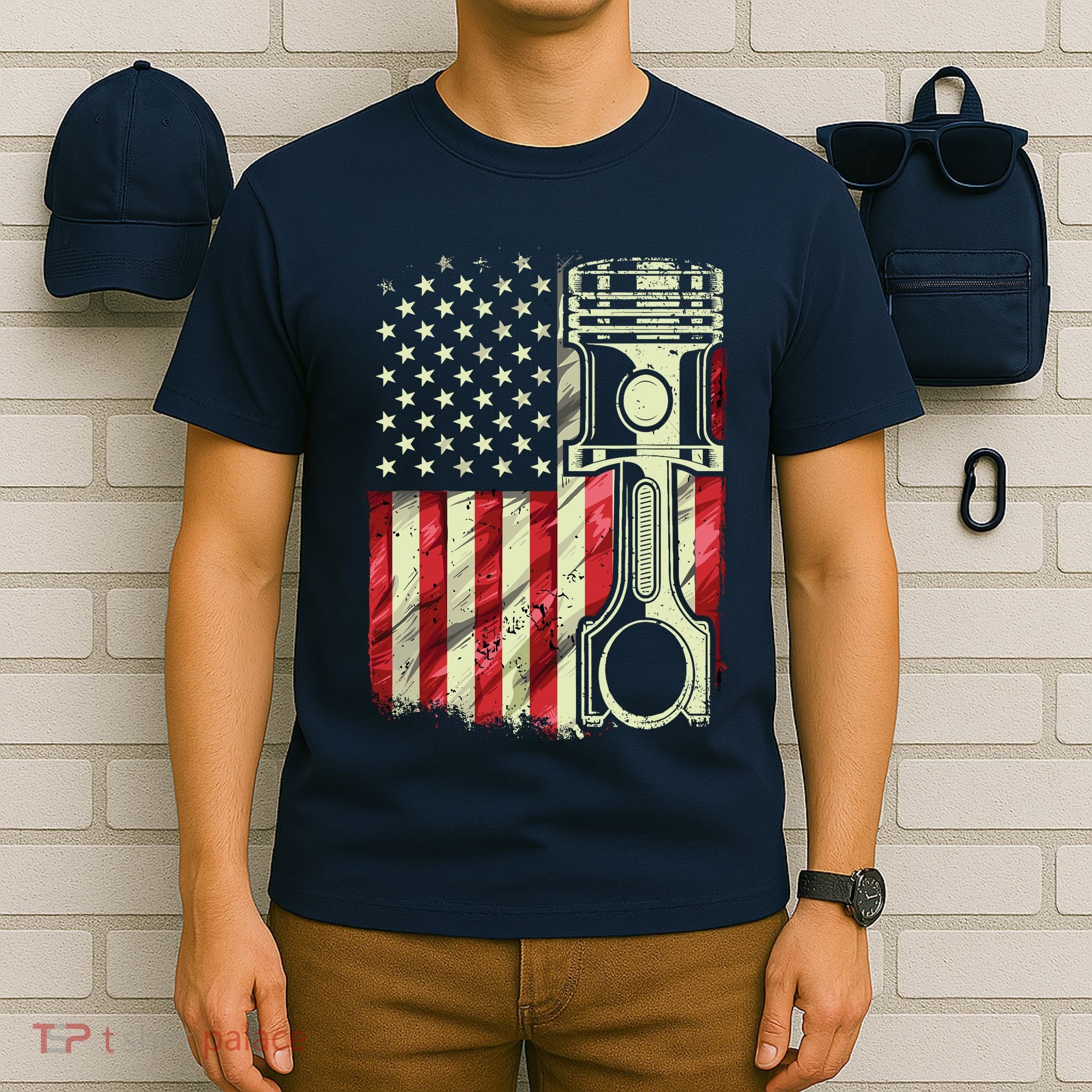 Mechanic American Flag Piston Muscle Car Patriotic Vintage T-Shirt
