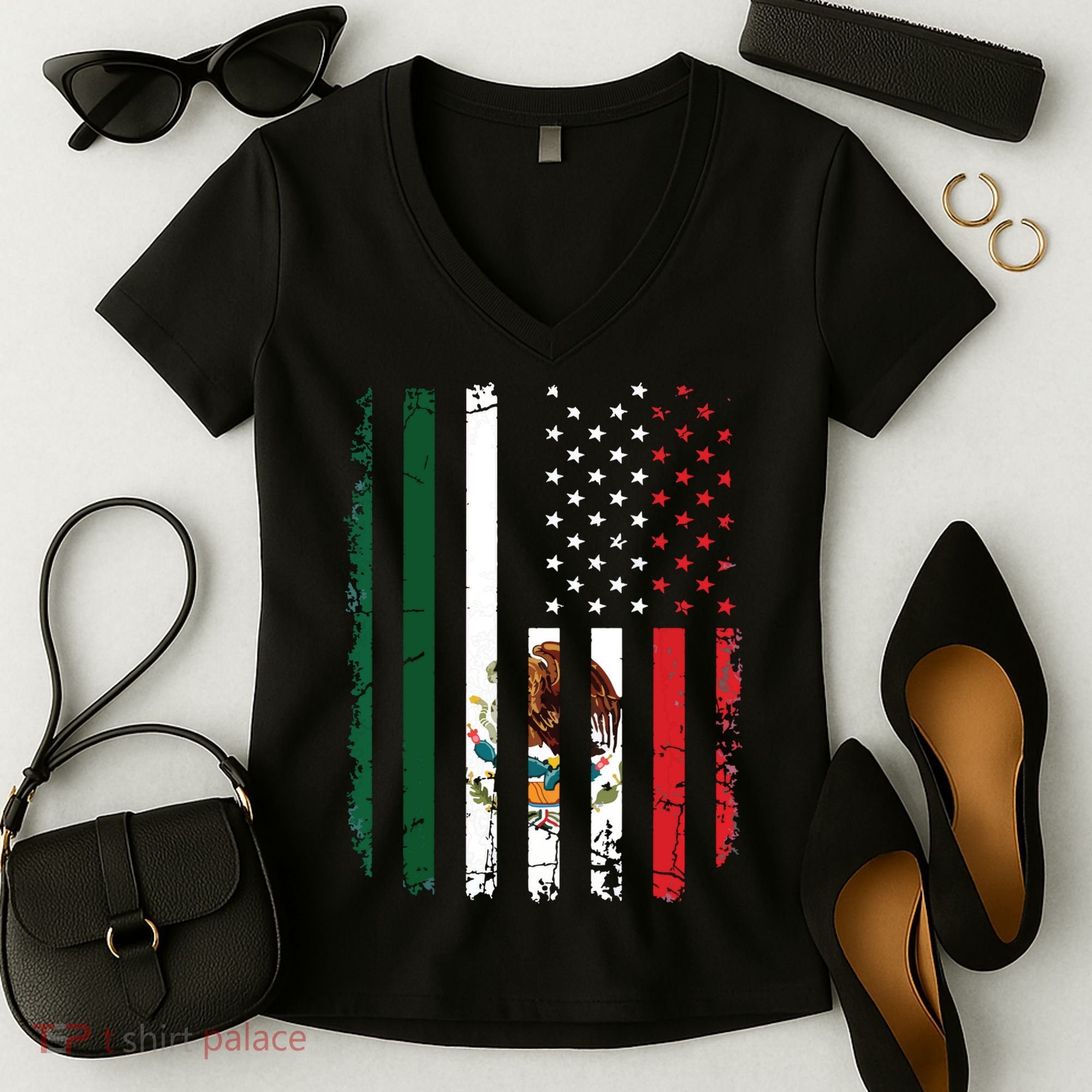 Mexican American Flag Mexican Roots Mexico America Women's V-Neck T-Shirt