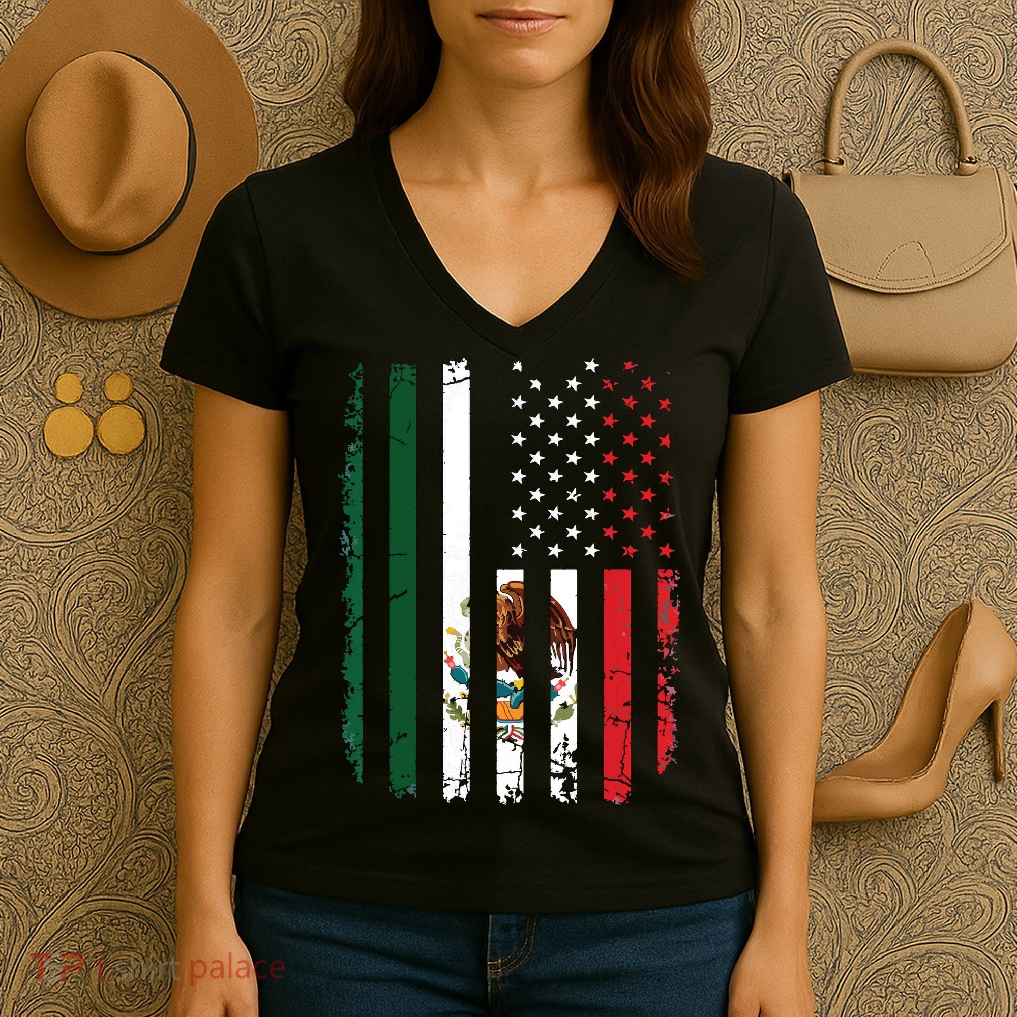 Mexican American Flag Mexican Roots Mexico America Women's V-Neck T-Shirt