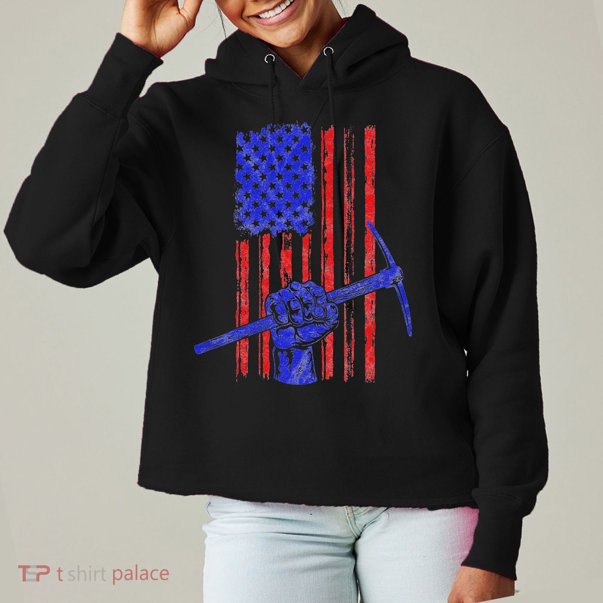 Miner American Flag Mining Gift Pick Usa Patriotic Ladies Heavyweight Boxy Pullover Hoodie