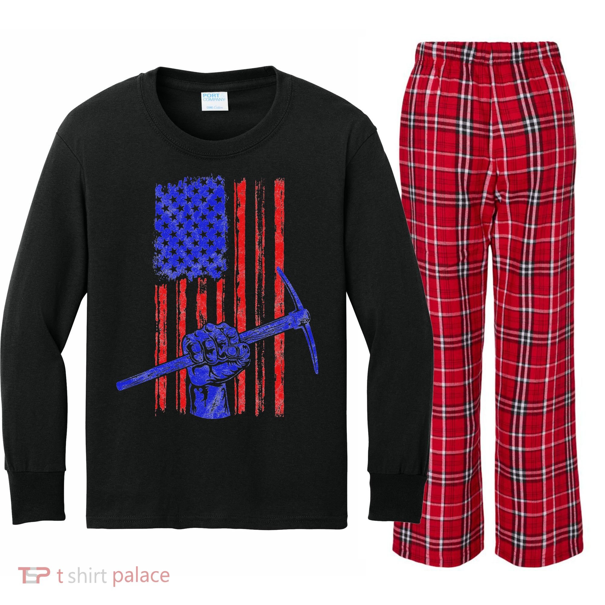 Miner American Flag Mining Gift Pick Usa Patriotic Kids Long Sleeve Plaid Pajama Set