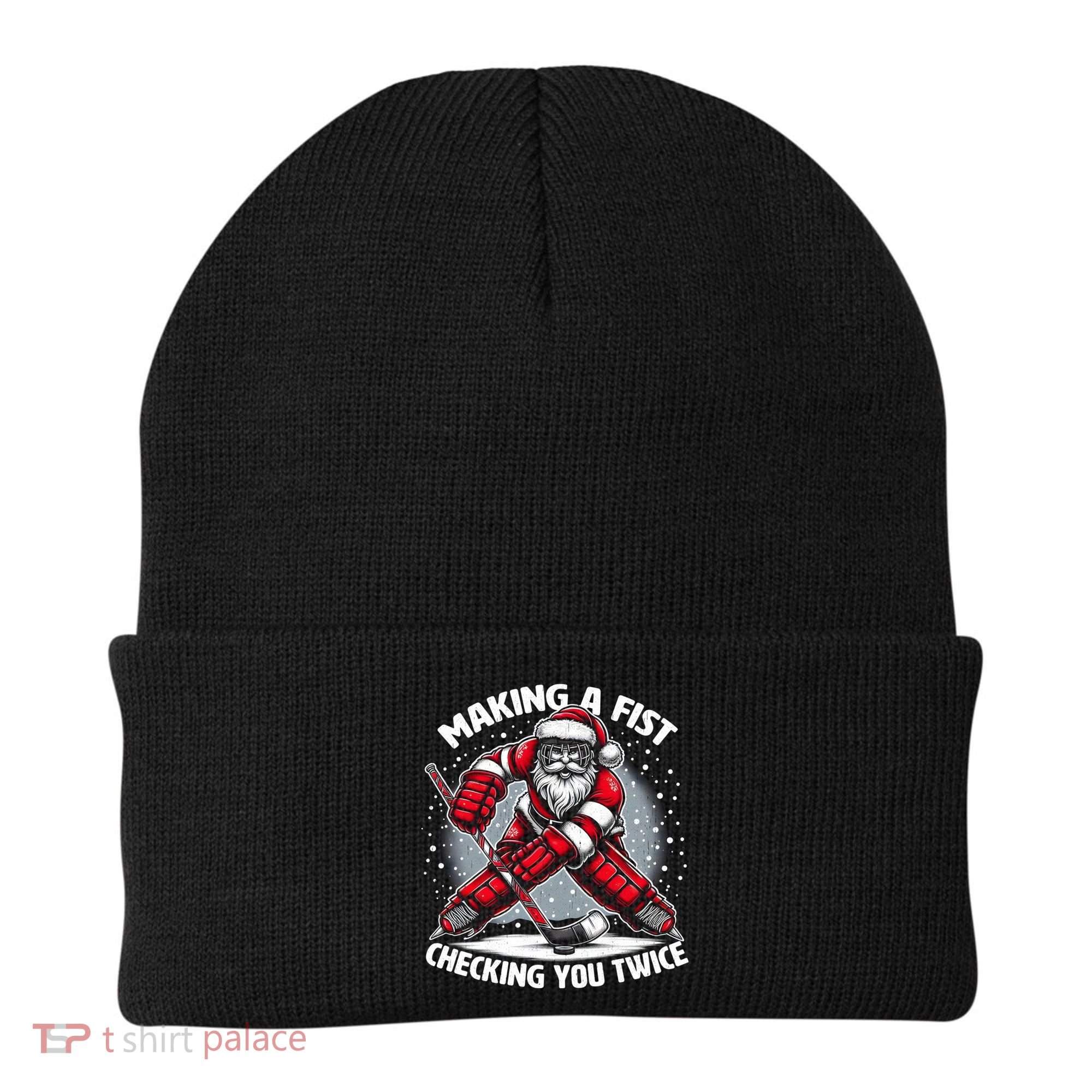 Making A Fist Checking You Twice Ugly Christmas Santa Hockey Gift Beanie