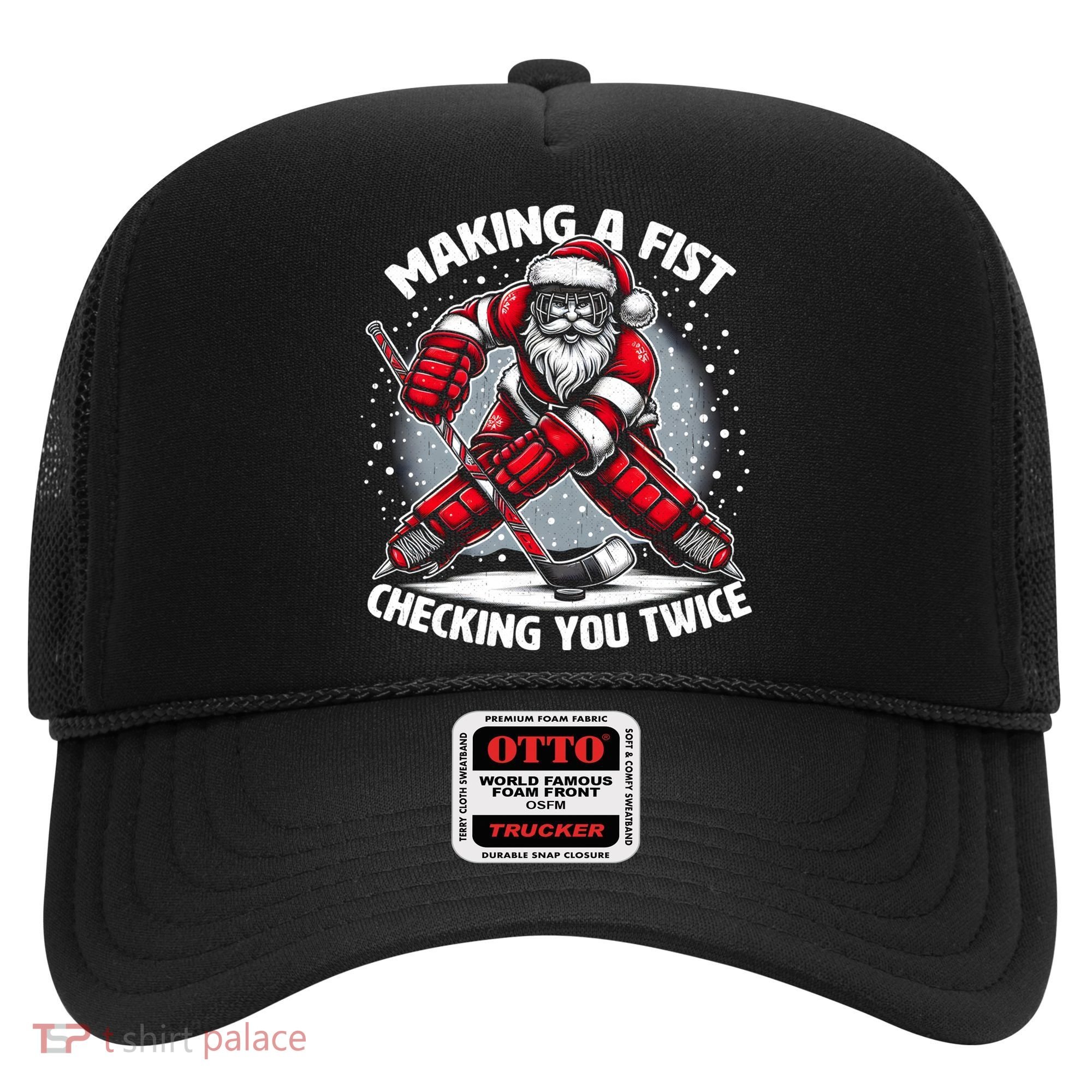 Making A Fist Checking You Twice Ugly Christmas Santa Hockey Gift Hat